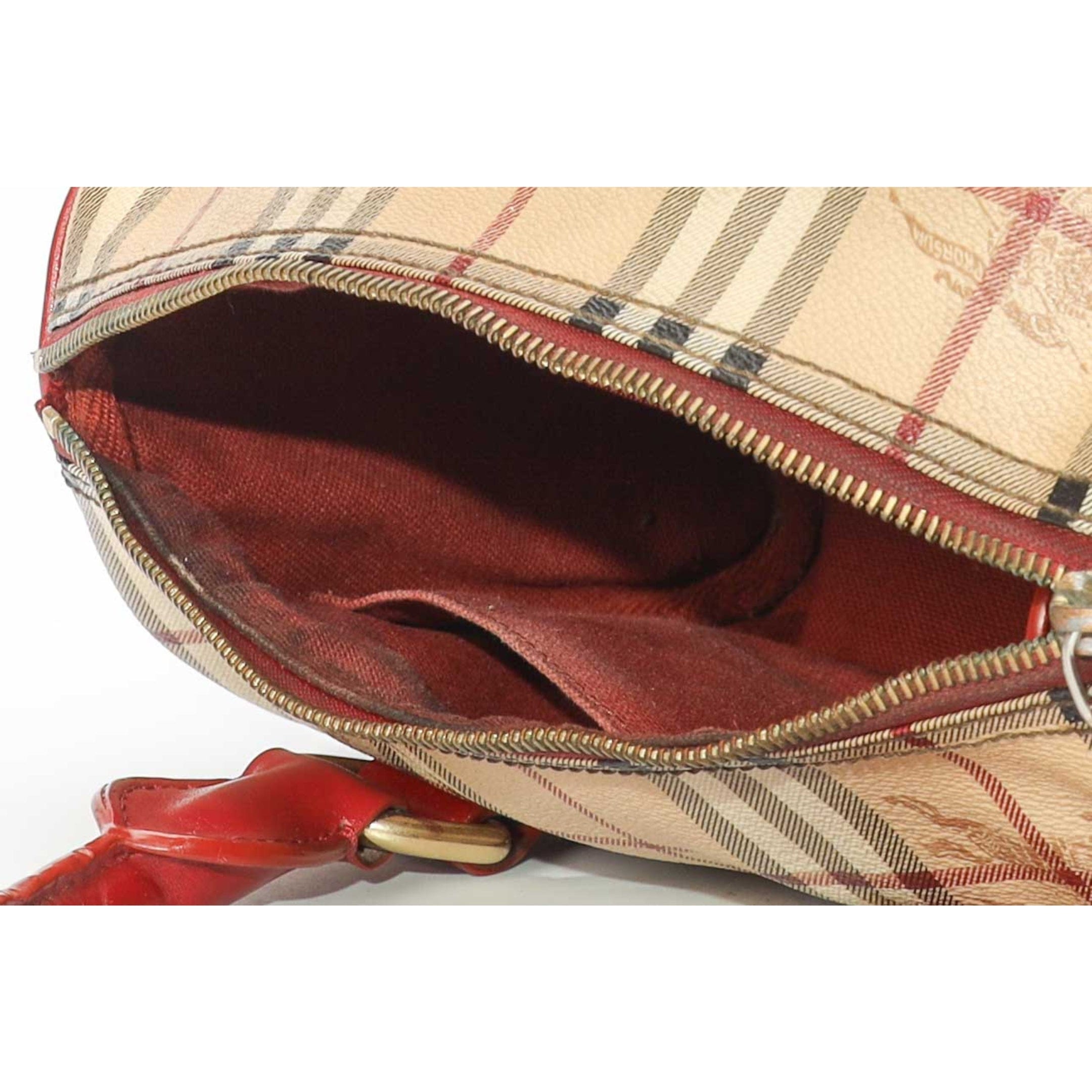 Burberry Beige Check Ruby Red Bowling Bag