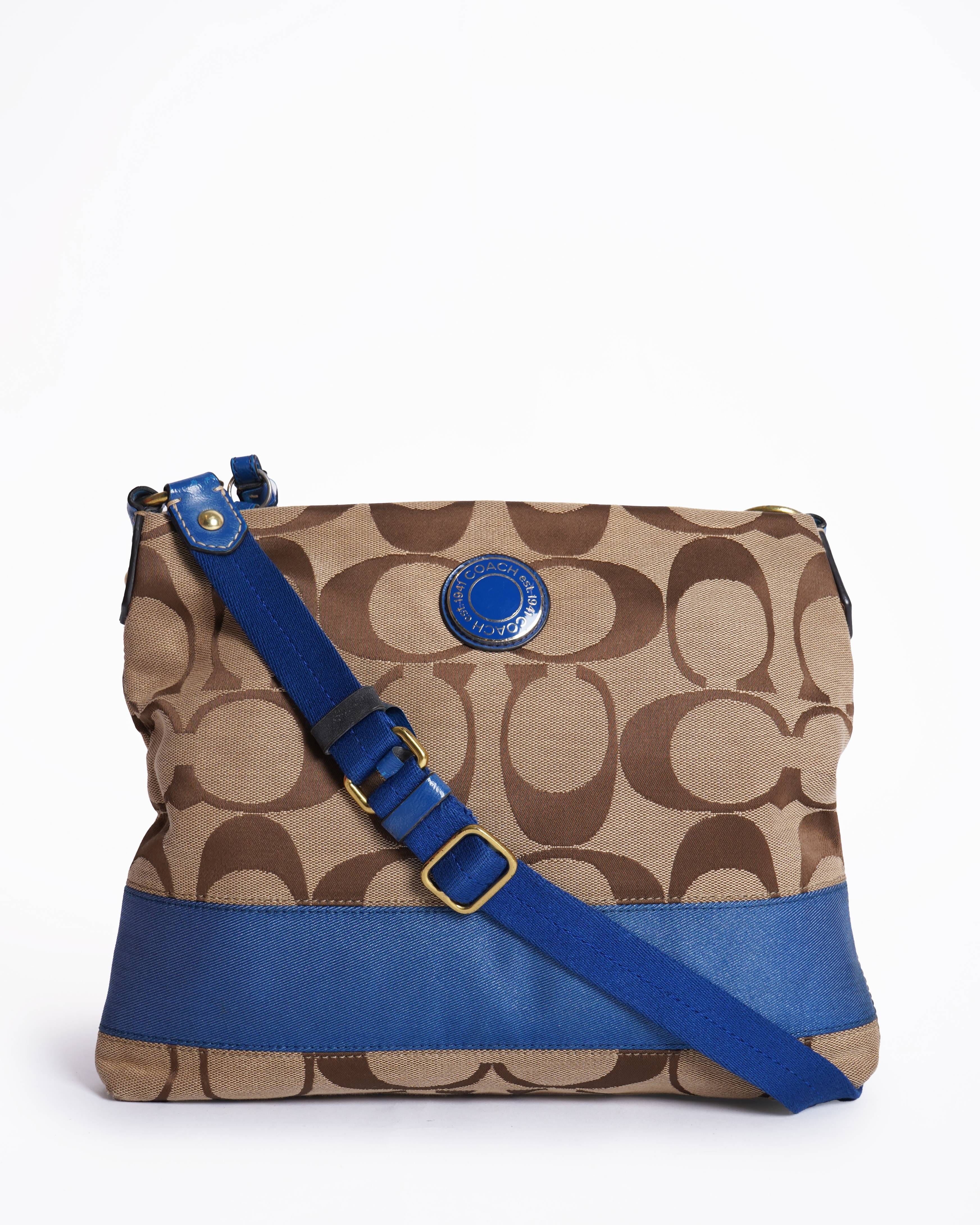 Coach Signature Stripe File Bag - Khaki Cobalt Blue