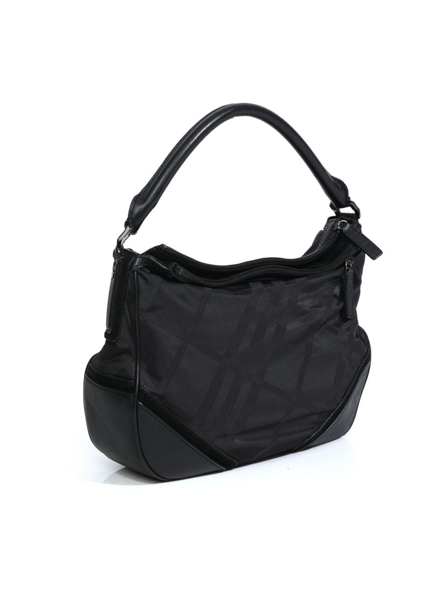 Burberry Black Leather Trim Nylon Double Chain Hobo Bag