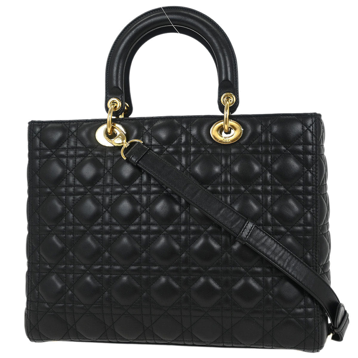 Christian Dior Black Lambskin Large Lady Dior Cannage 2way Handbag
