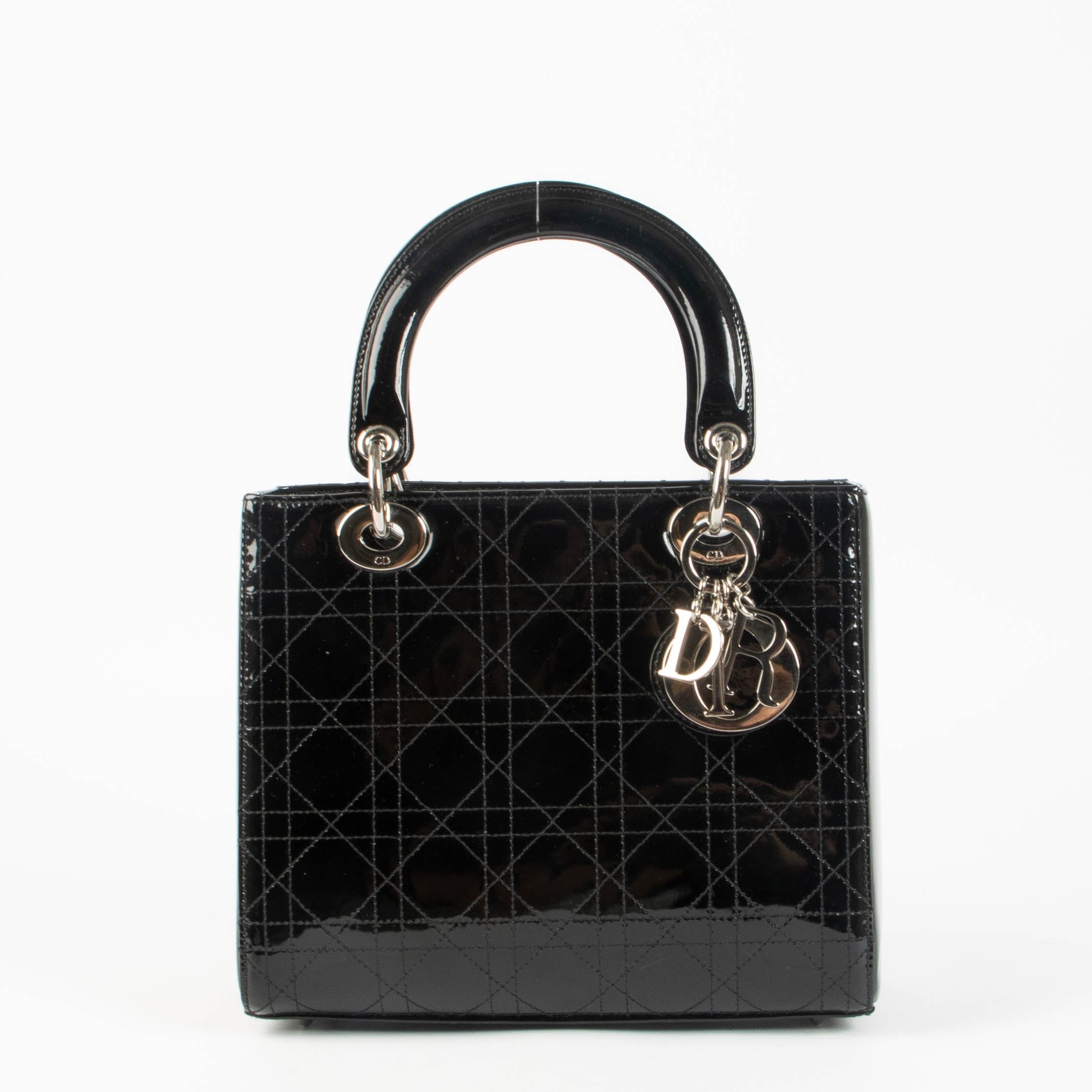 Christian Dior Black Patent Leather Flat Cannage Medium Lady Dior Bag