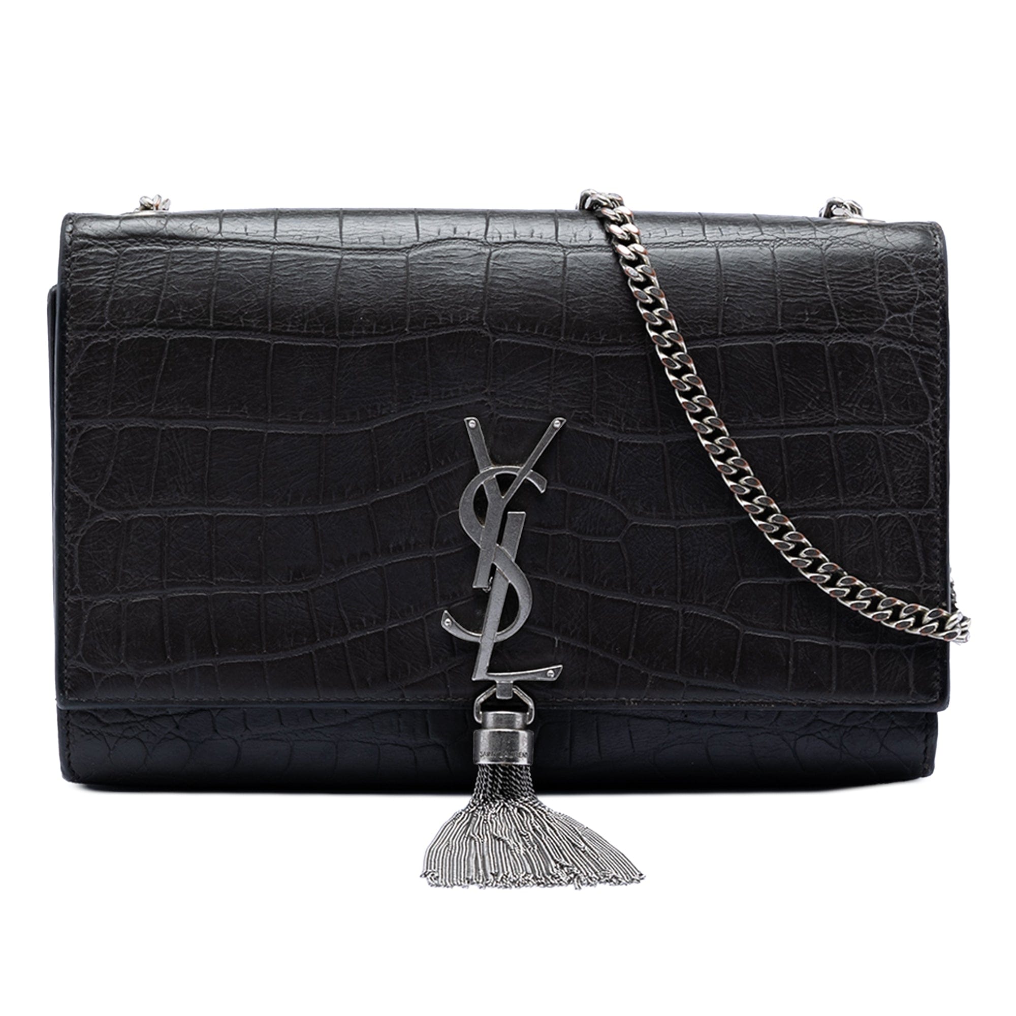 Saint Laurent Medium Croc Embossed Leather Kate Tassel Crossbody
