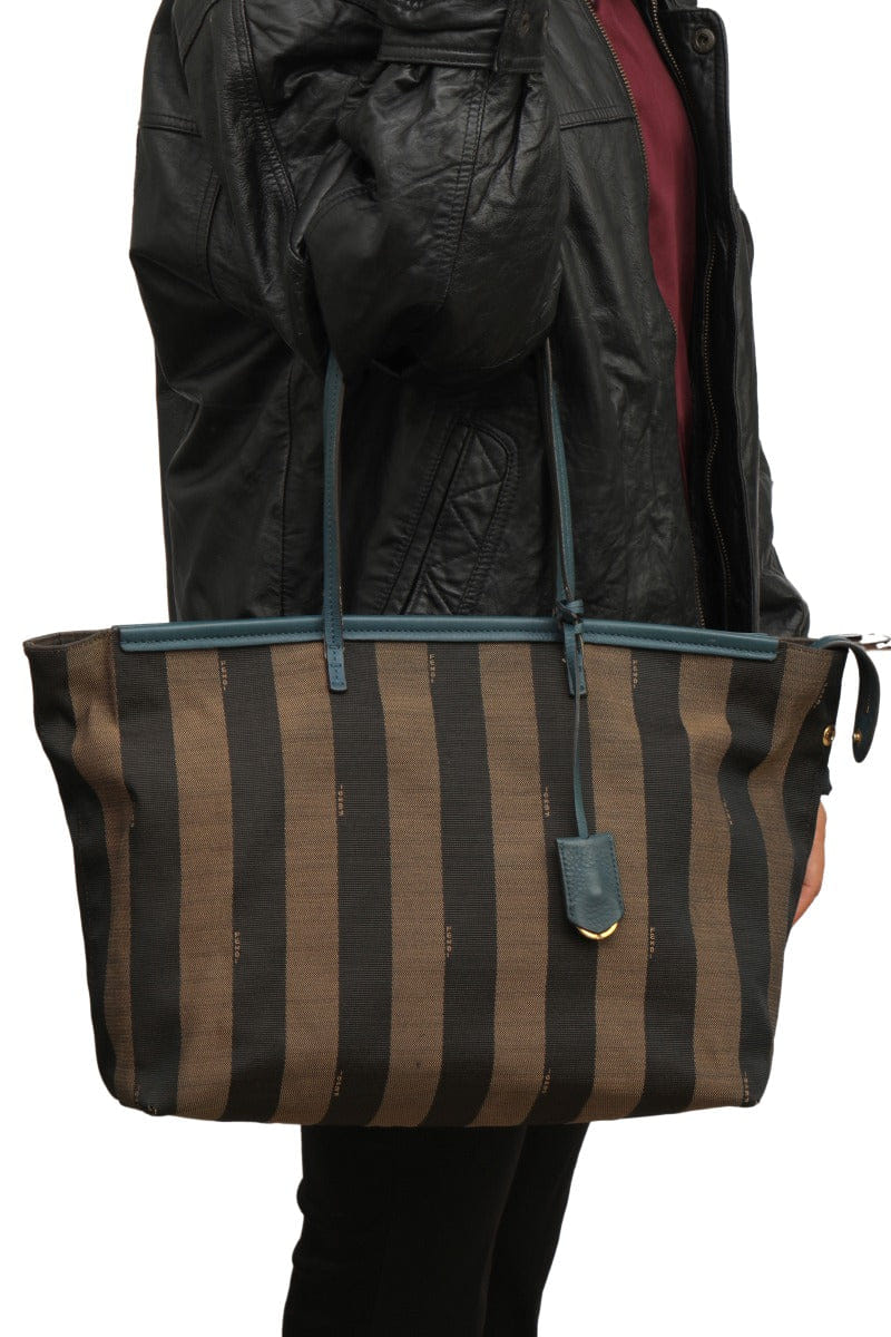 Fendi Stripped Brown/Black Pequin Canvas Leather Roll Tote Bag
