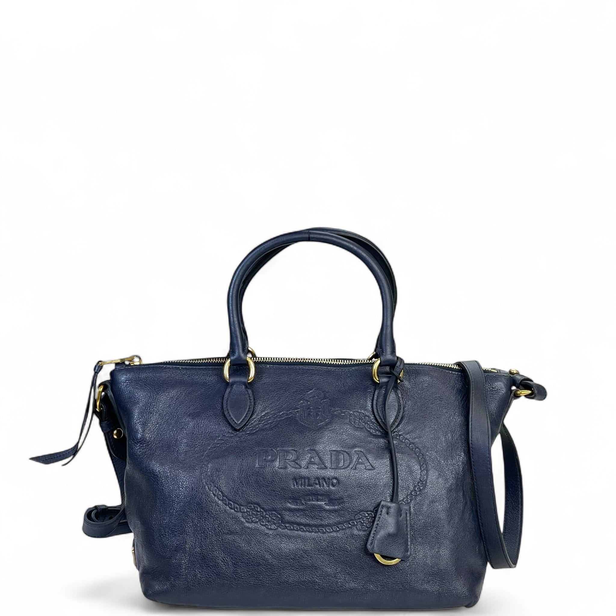 Prada Logo Embossed Satchel Baltico Glace Calf Leather