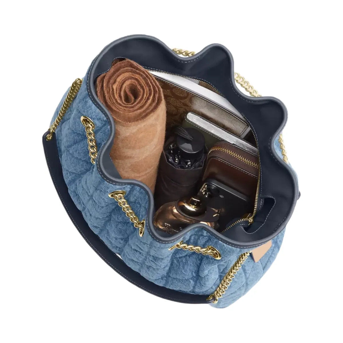 Coach Evelyn Large Shoulder Bag In Regenerative Cotton With Quilting in Gold Indigo