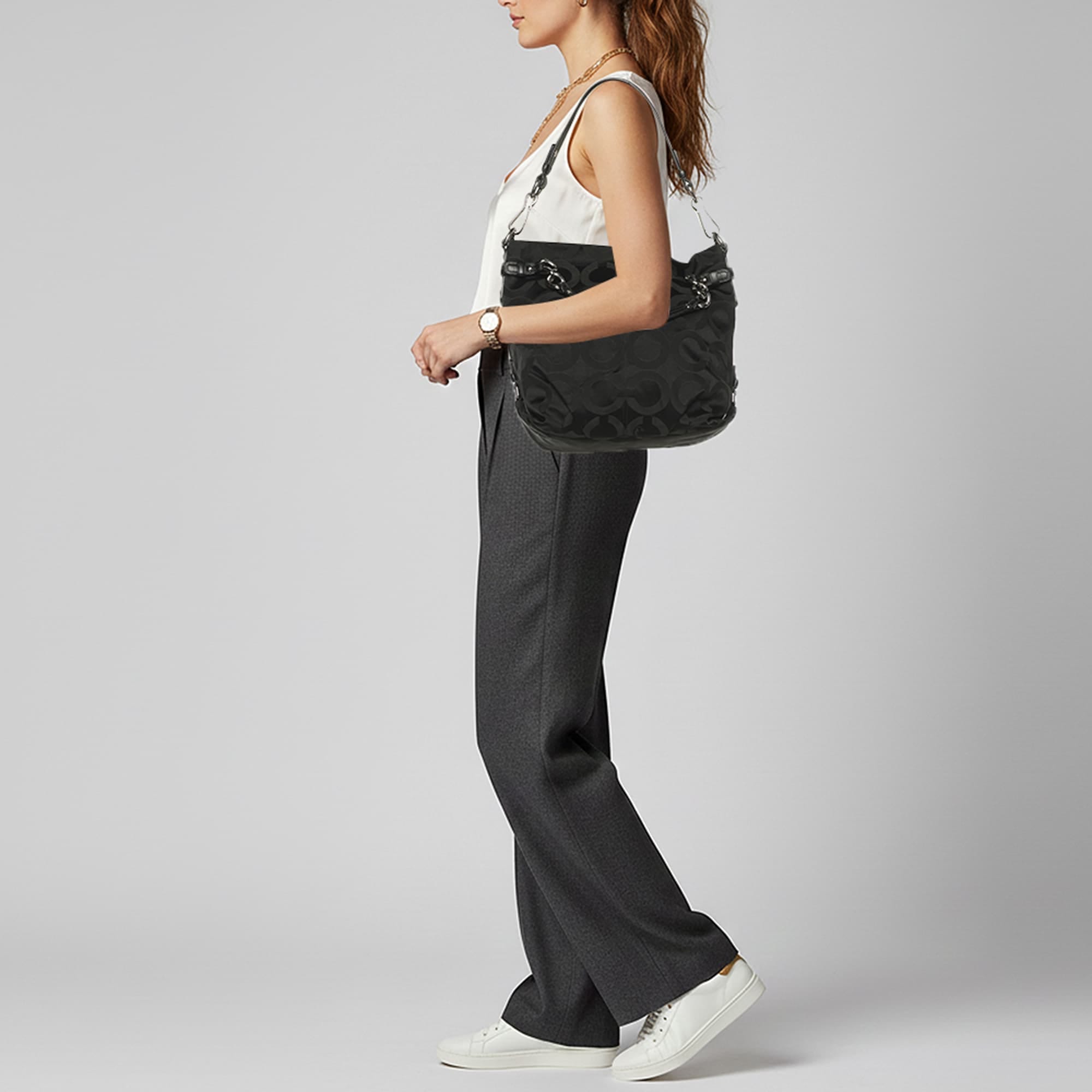 Coach Brooke Black Signature Satin And Leather Hobo