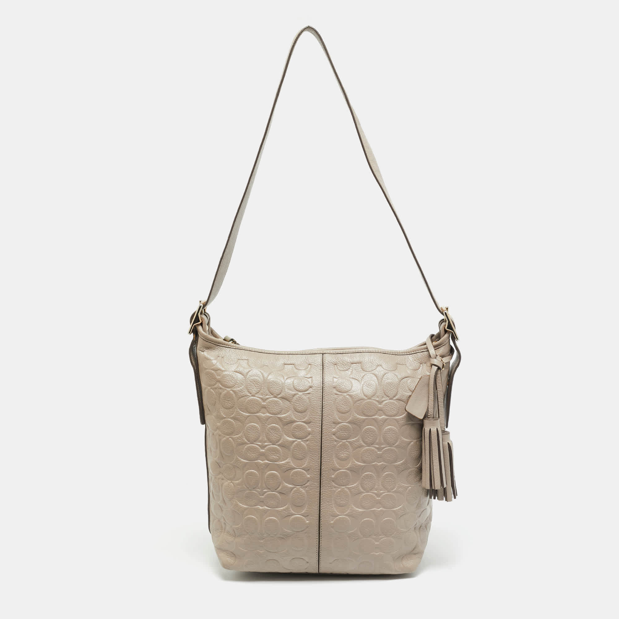 Coach Legacy Tassel Taupe Signature Embossed Leather Shoulder Bag