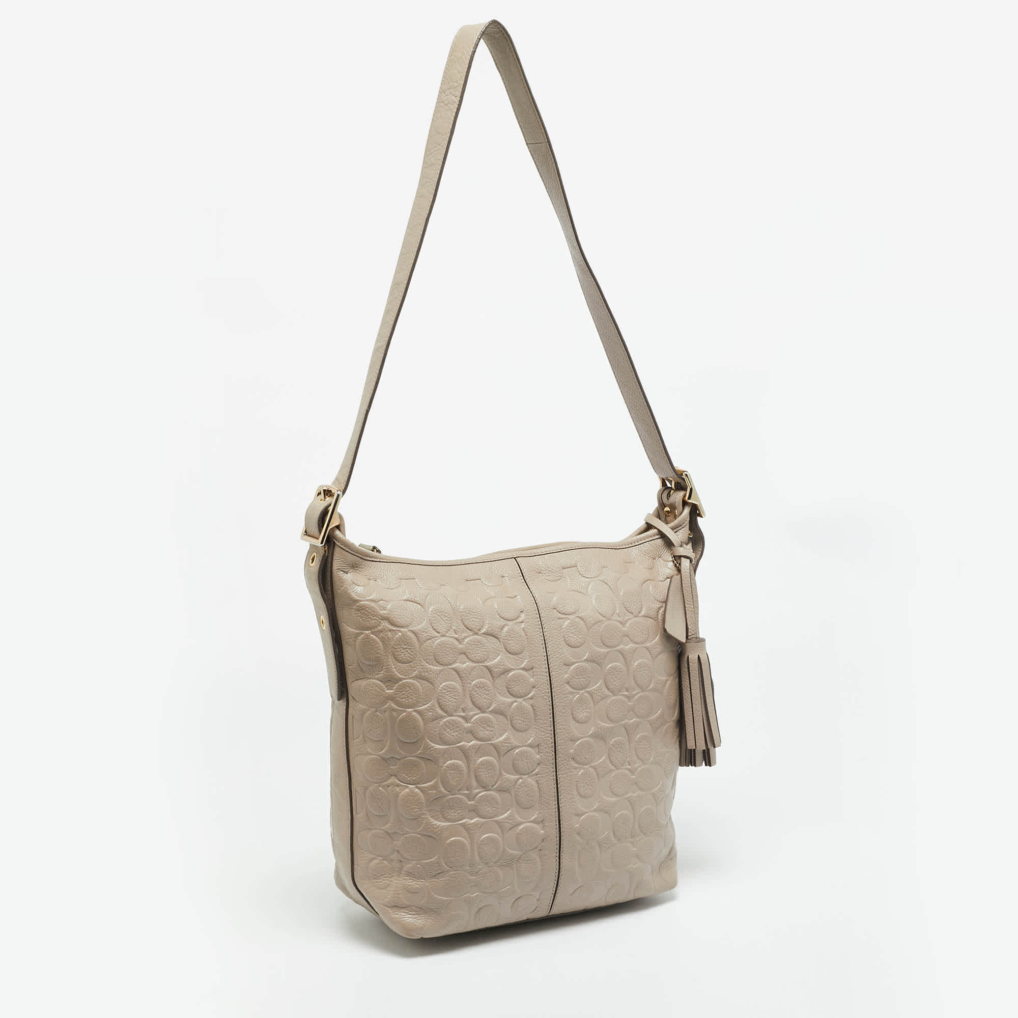 Coach Legacy Tassel Taupe Signature Embossed Leather Shoulder Bag