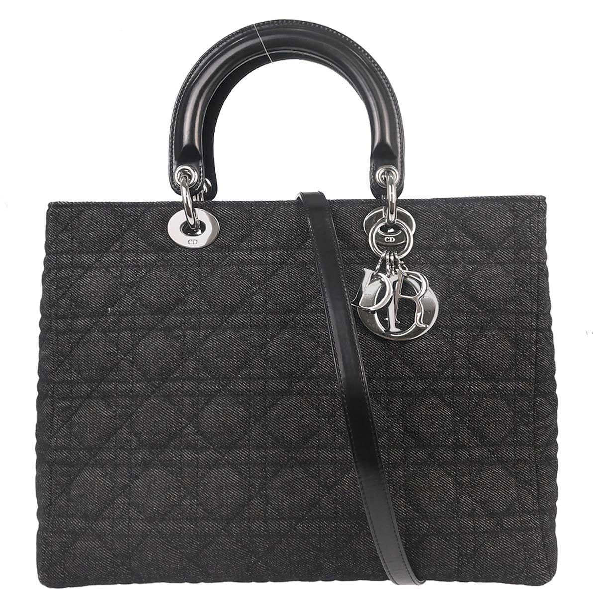 Christian Dior Black Denim Large Lady Dior Cannage 2way Shoulder Handbag