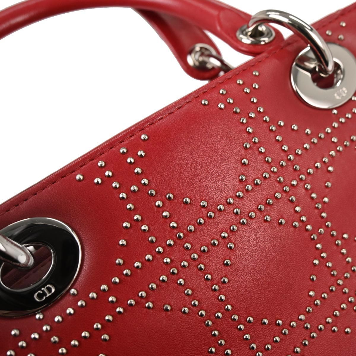 Christian Dior Red Lambskin Cannage Studded Lady Dior Shoulder Handbag