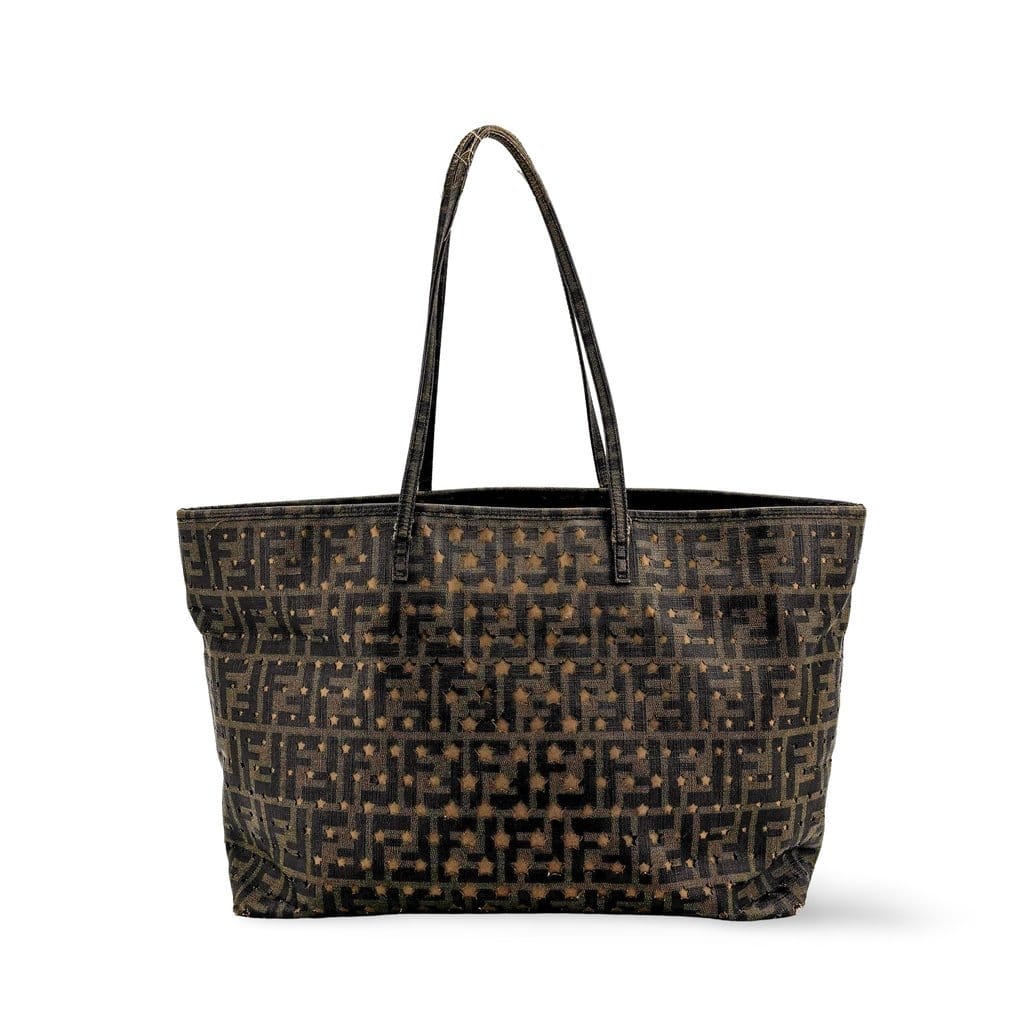 Fendi Star Zucca Perforated Canvas Shoulder Tote Bag Brown Black