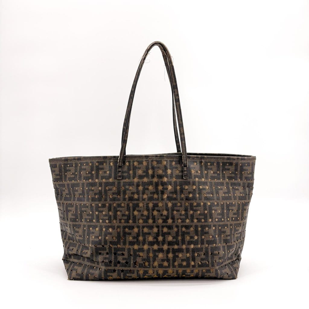 Fendi Star Zucca Perforated Canvas Shoulder Tote Bag Brown Black