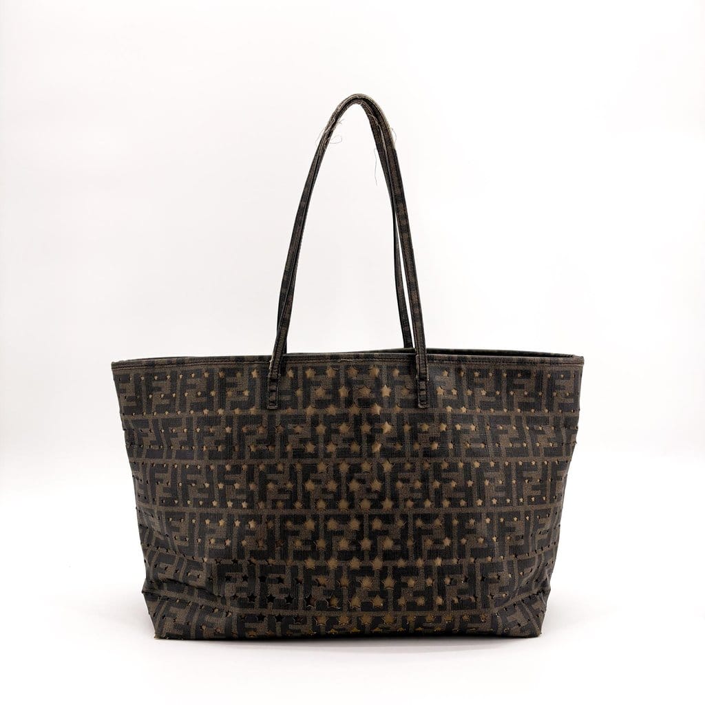 Fendi Star Zucca Perforated Canvas Shoulder Tote Bag Brown Black