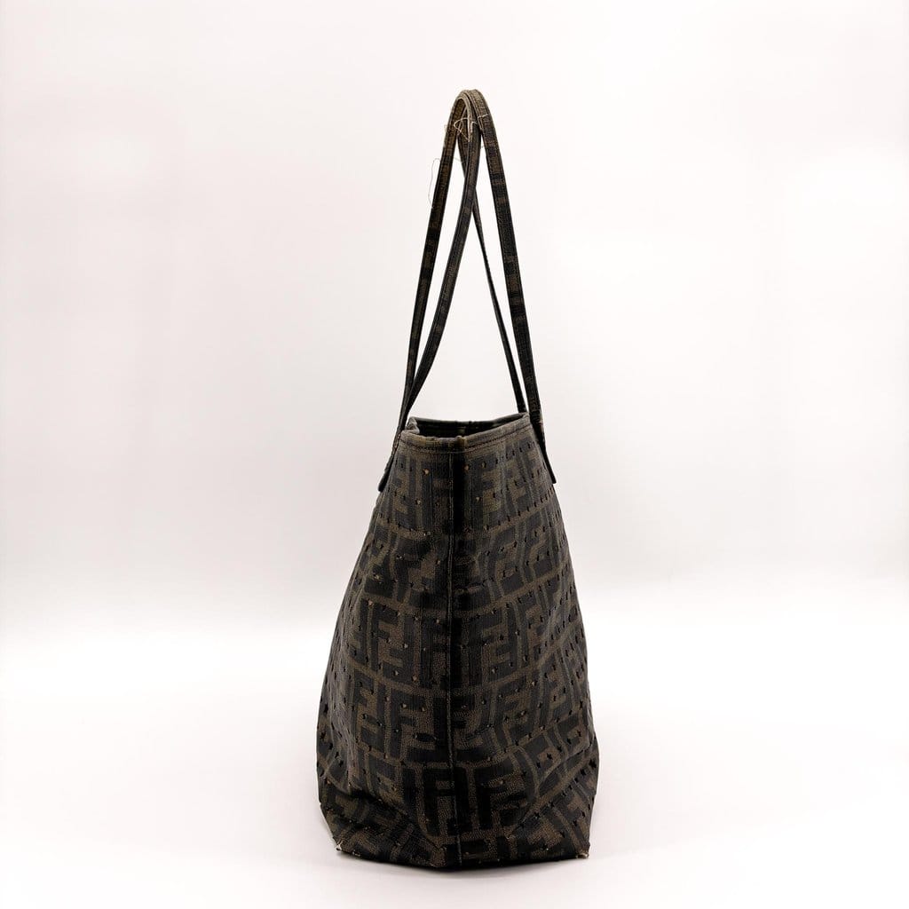Fendi Star Zucca Perforated Canvas Shoulder Tote Bag Brown Black