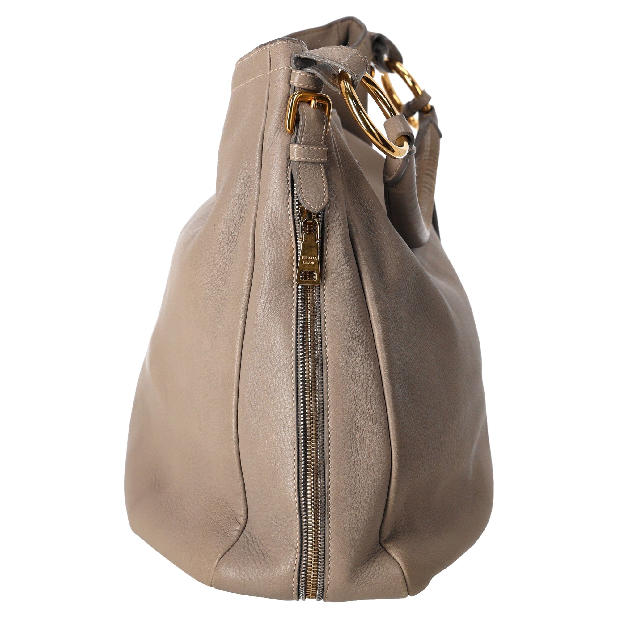 Prada Zip Around Cervo Hobo Leather in Beige Deerskin Leather