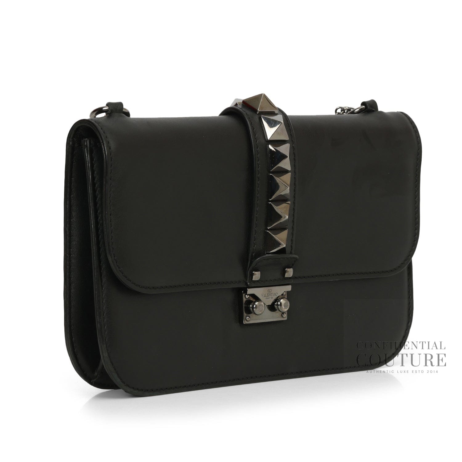 Valentino Black Leather Glam Lock Medium Flap Bag