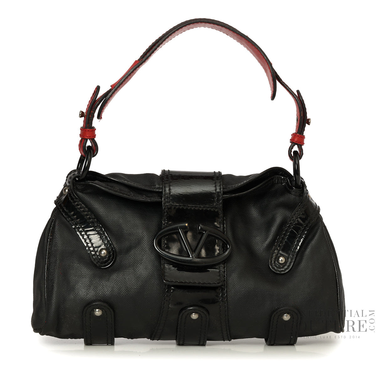 Valentino Black Leather V Ring Flap Shoulder Bag