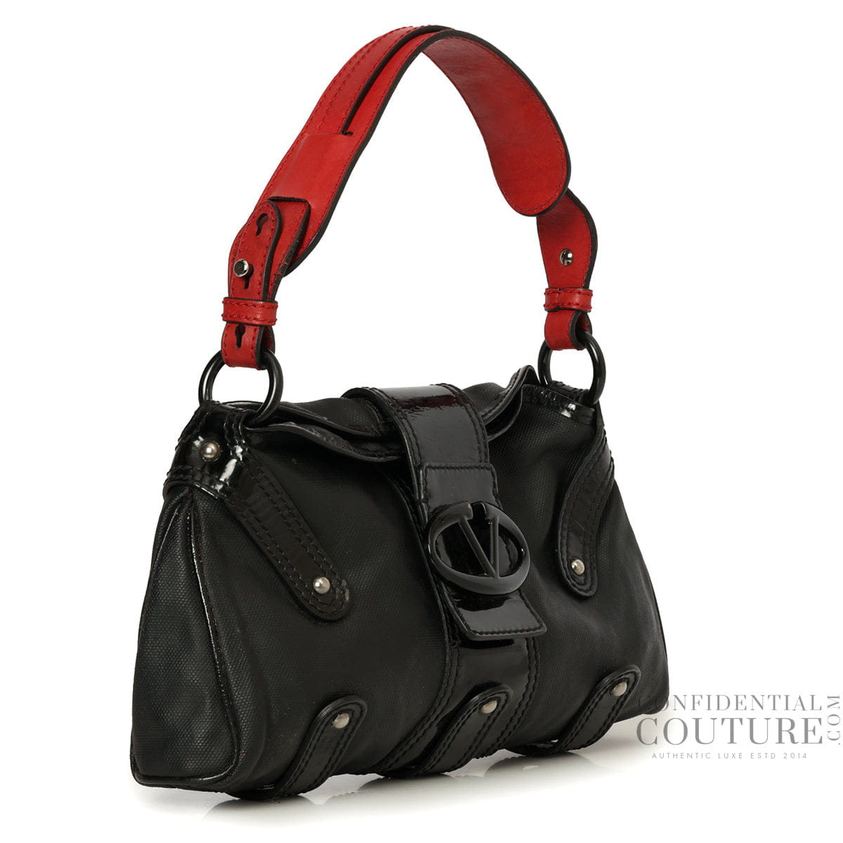 Valentino Black Leather V Ring Flap Shoulder Bag