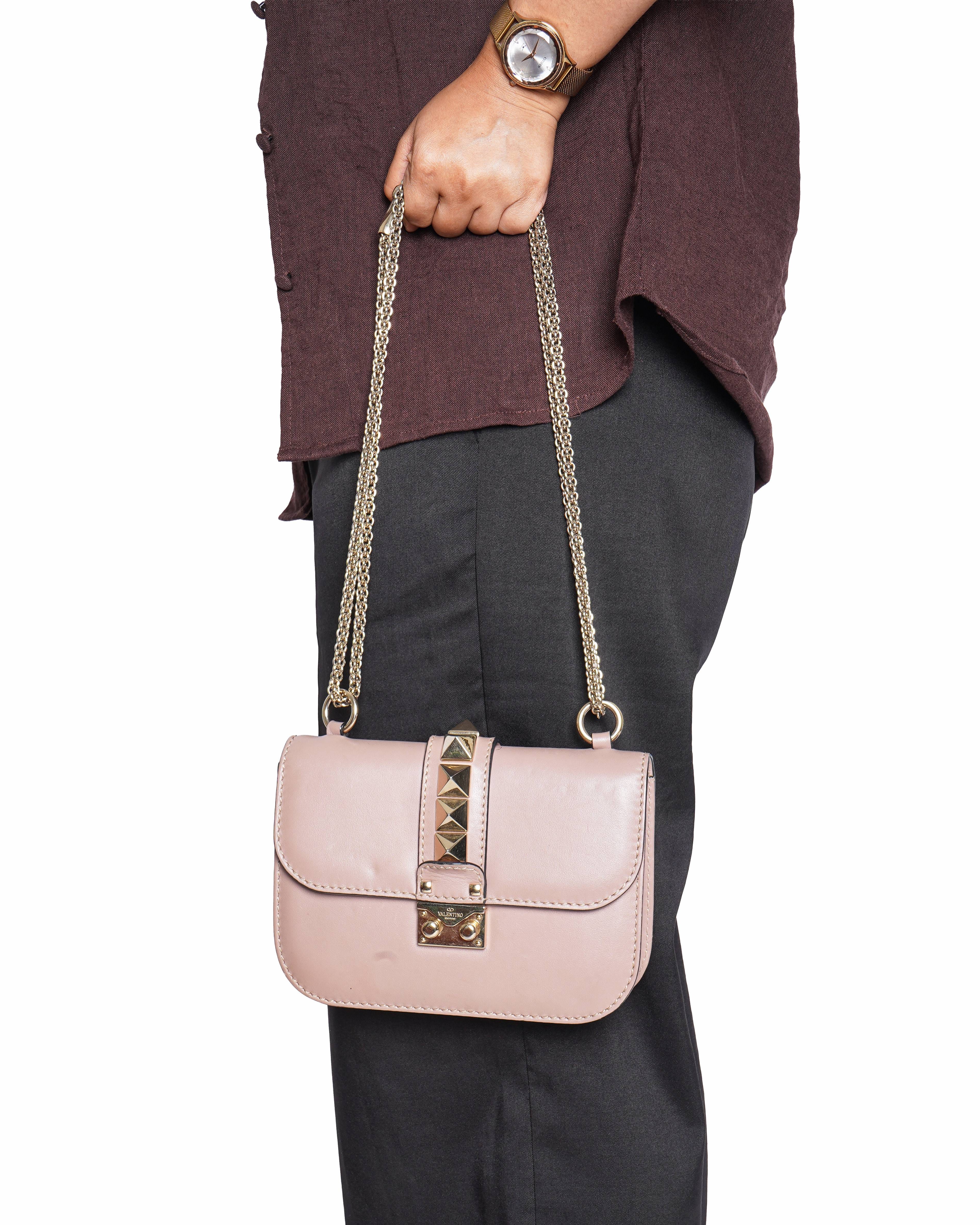 Valentino Small Rockstud Giam Lock Flap shoulder Bag In Pink