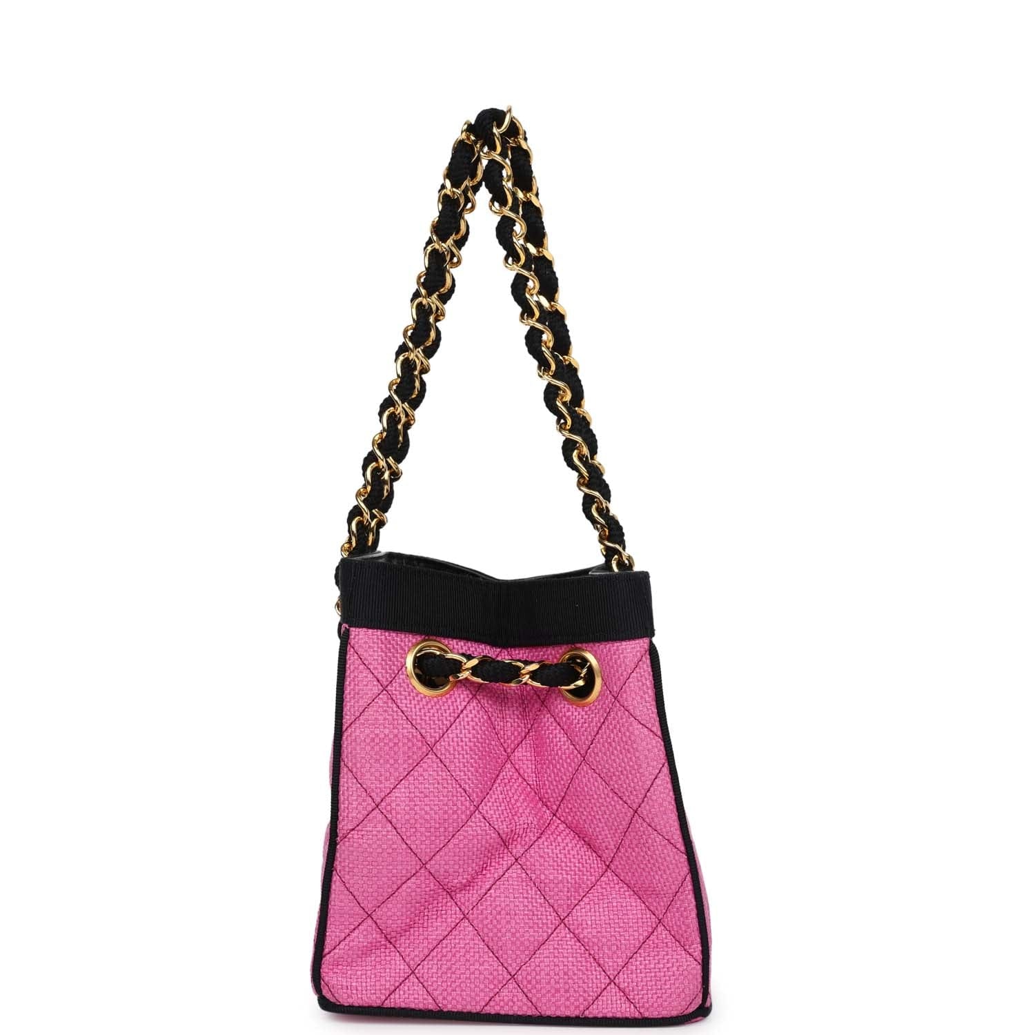 Chanel Vintage Chanel Set of Two Mini Bucket Bag & Oval Handbag Pink and Black Raffia Gold Hardware