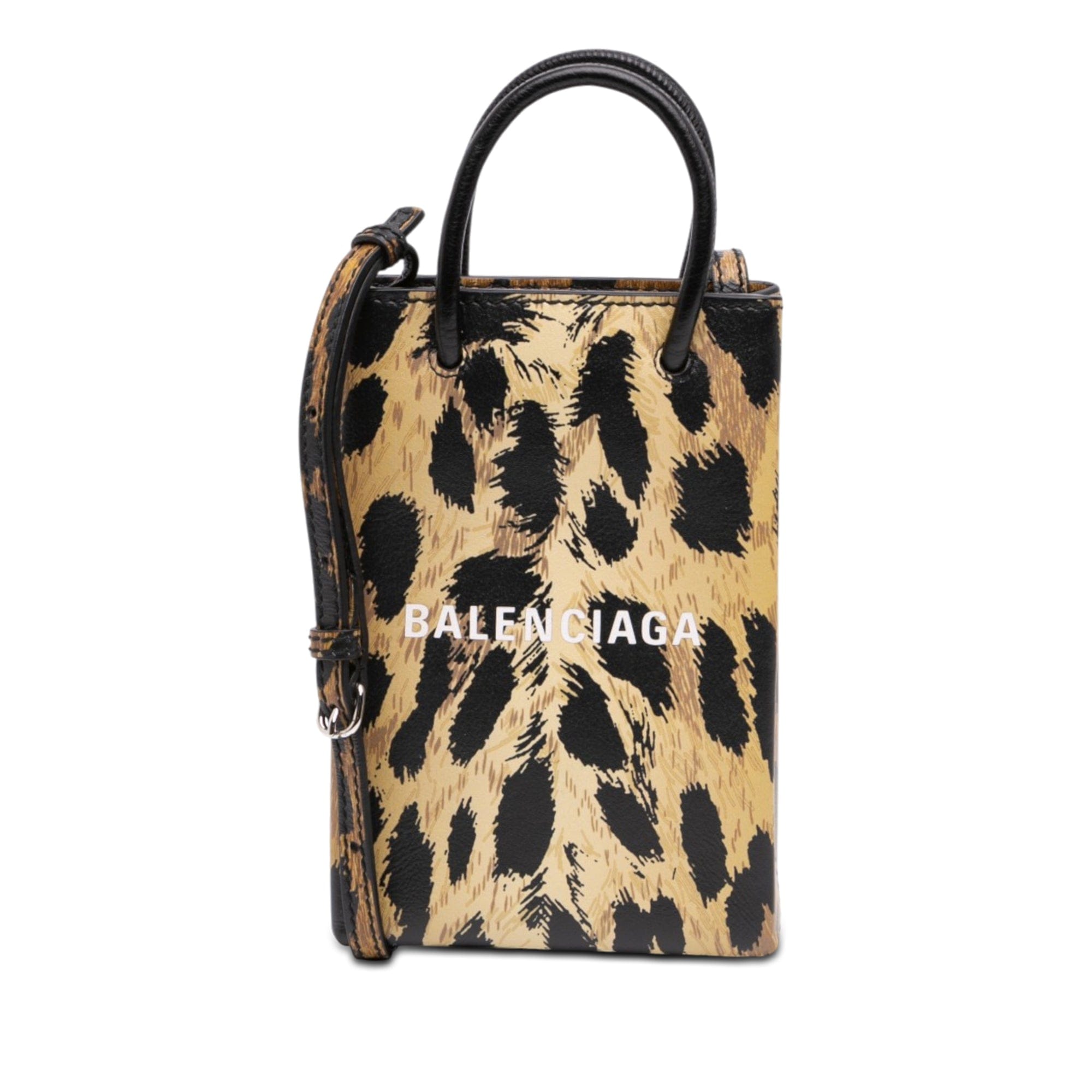 Balenciaga Mini Leopard Print Logo Shopping Phone Holder