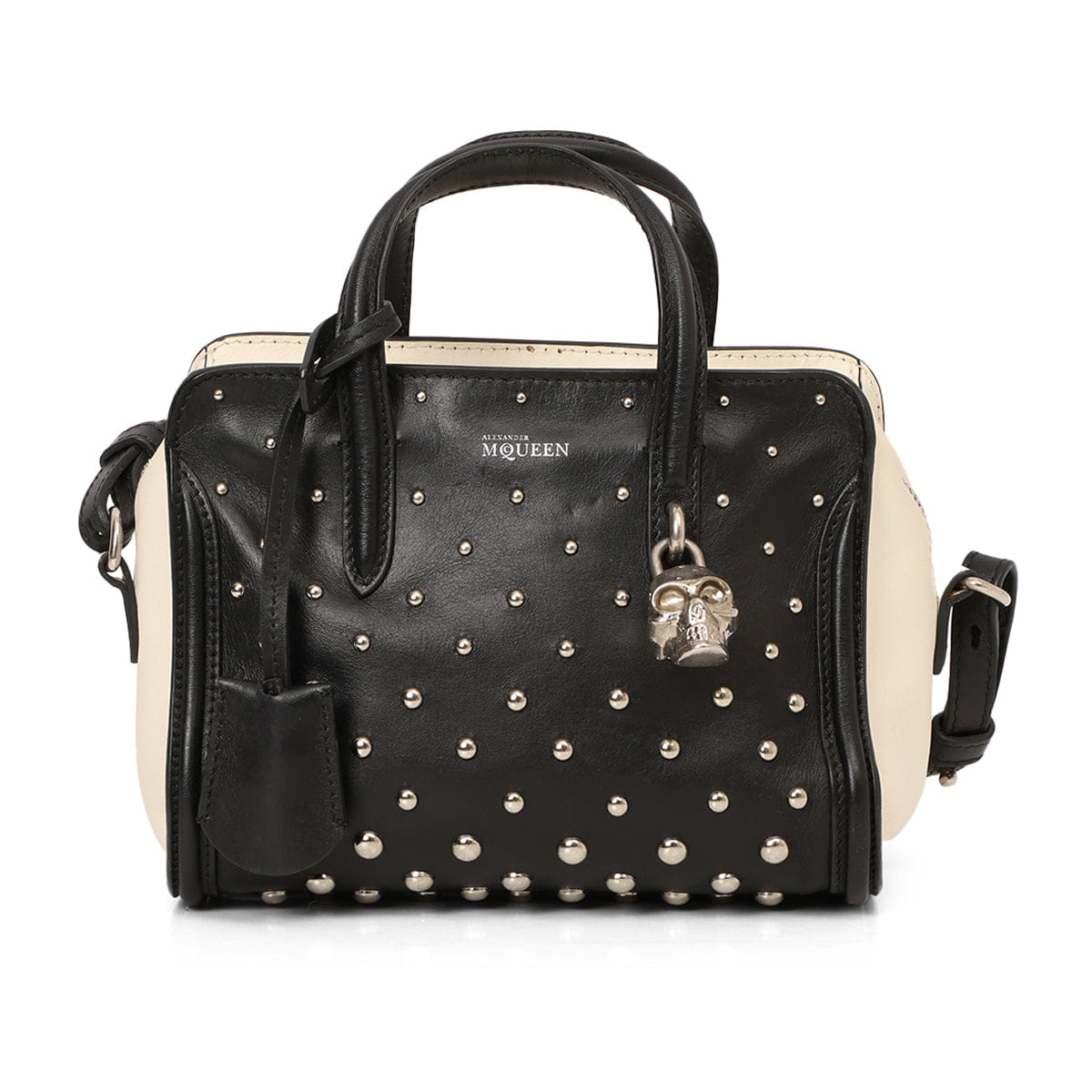 Alexander McQueen Black/White Studded Leather Mini Skull Padlock Zip Tote