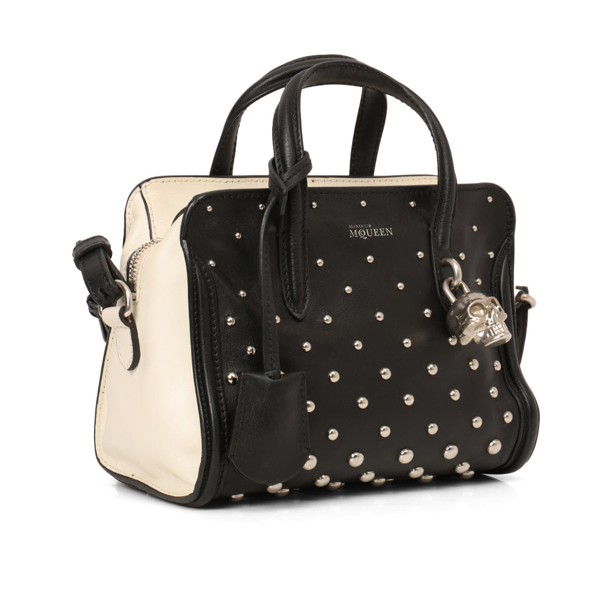 Alexander McQueen Black/White Studded Leather Mini Skull Padlock Zip Tote