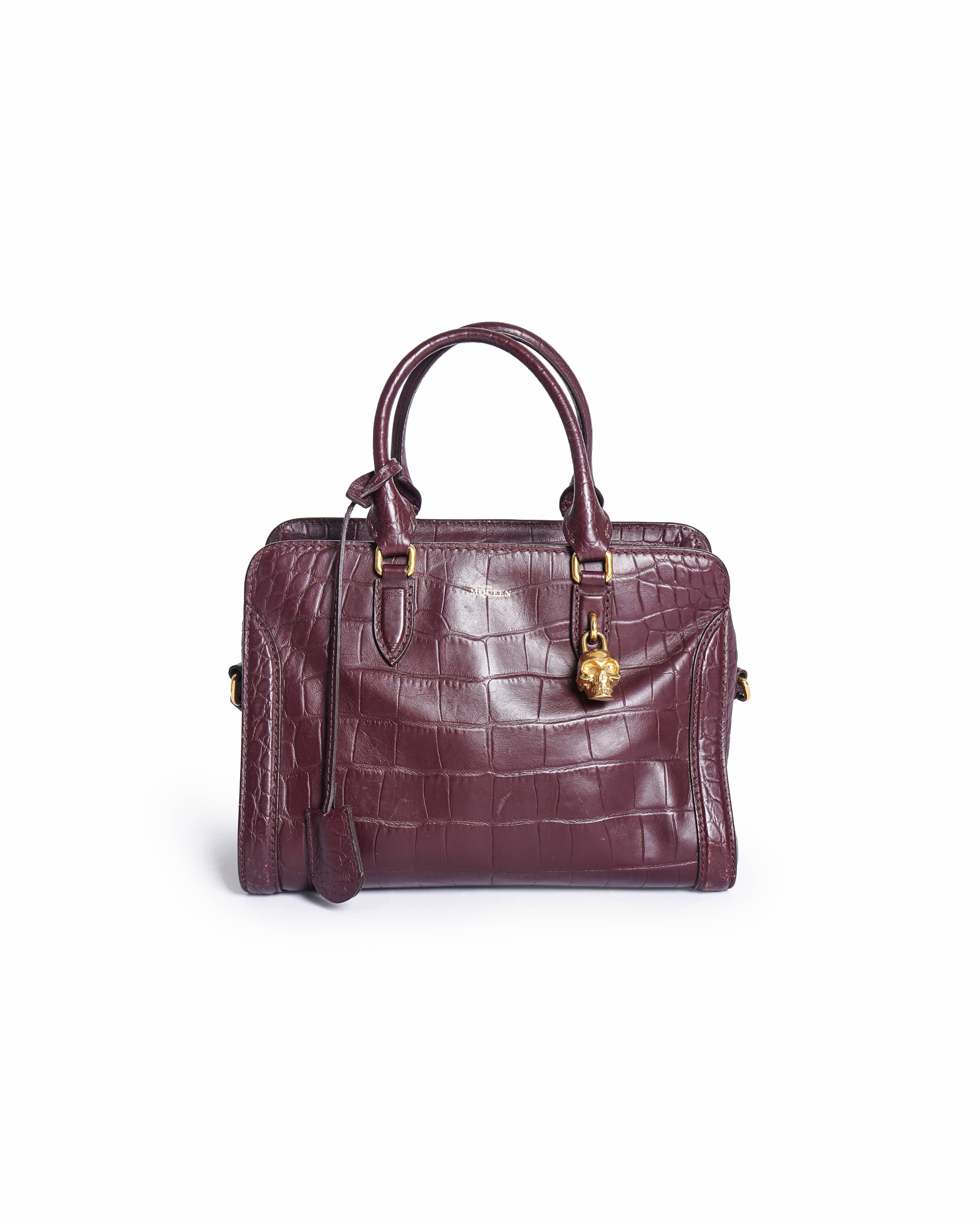 Alexander McQueen Bordeaux Crocodile Embossed Small Skull Padlock Tote