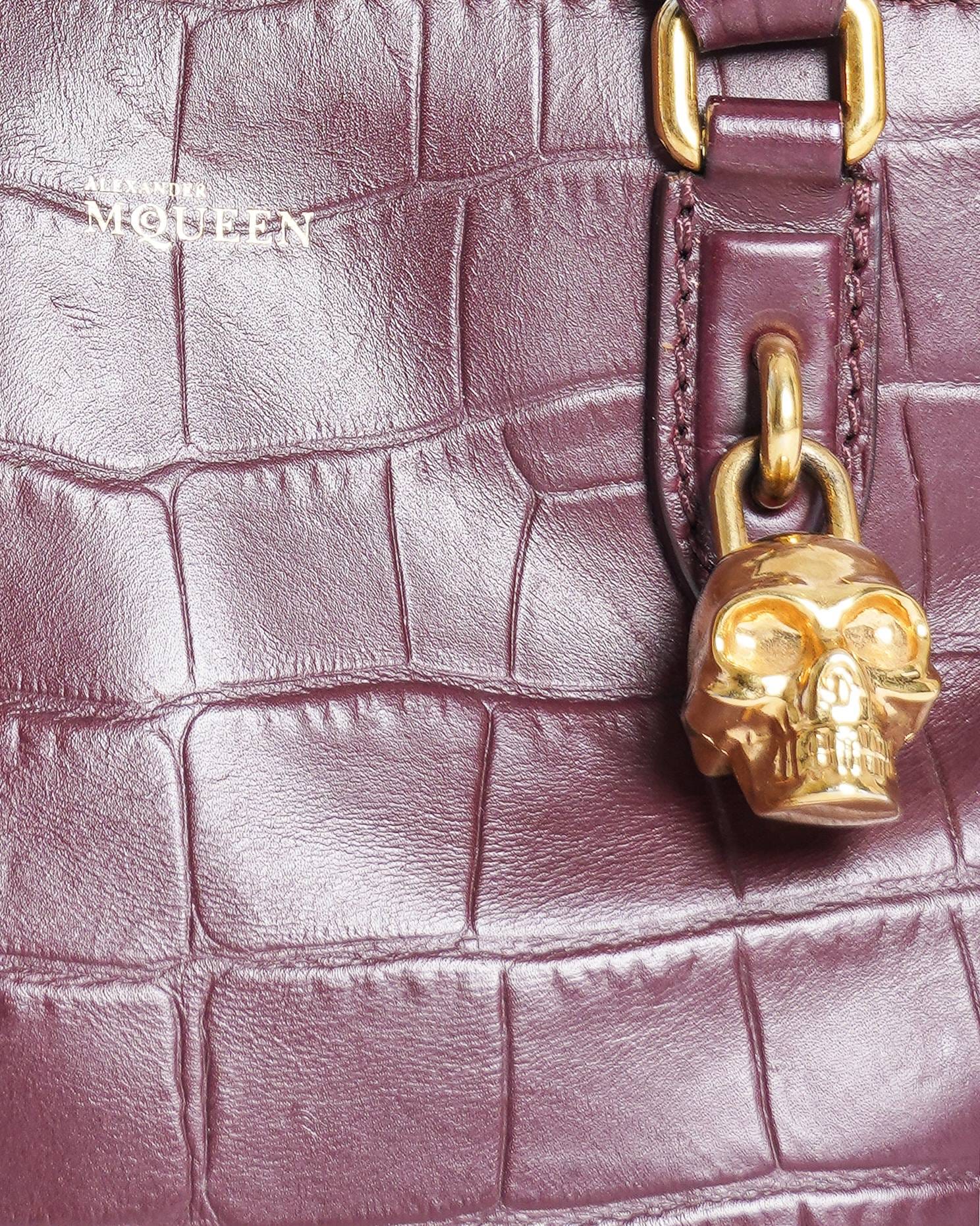 Alexander McQueen Bordeaux Crocodile Embossed Small Skull Padlock Tote