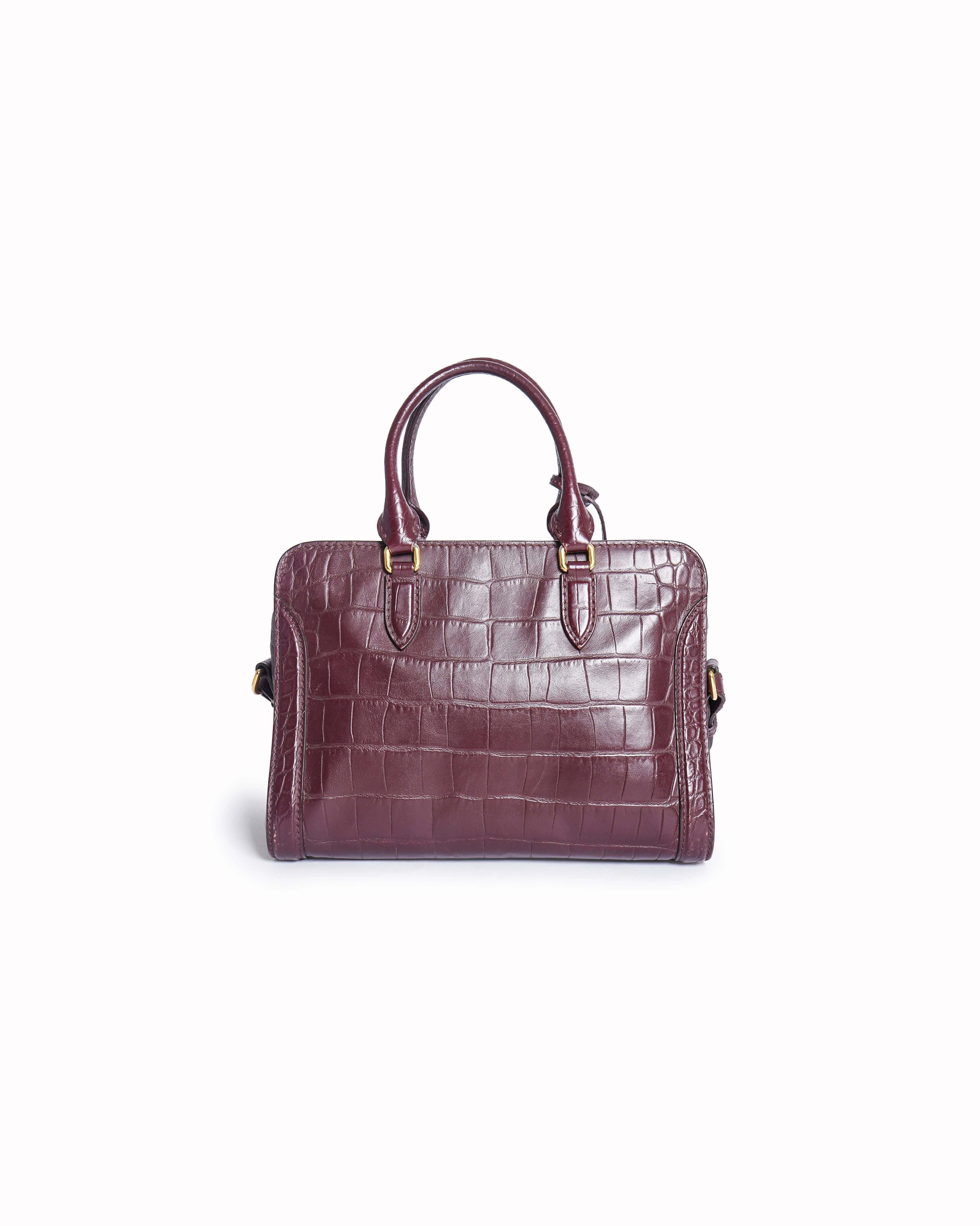 Alexander McQueen Bordeaux Crocodile Embossed Small Skull Padlock Tote