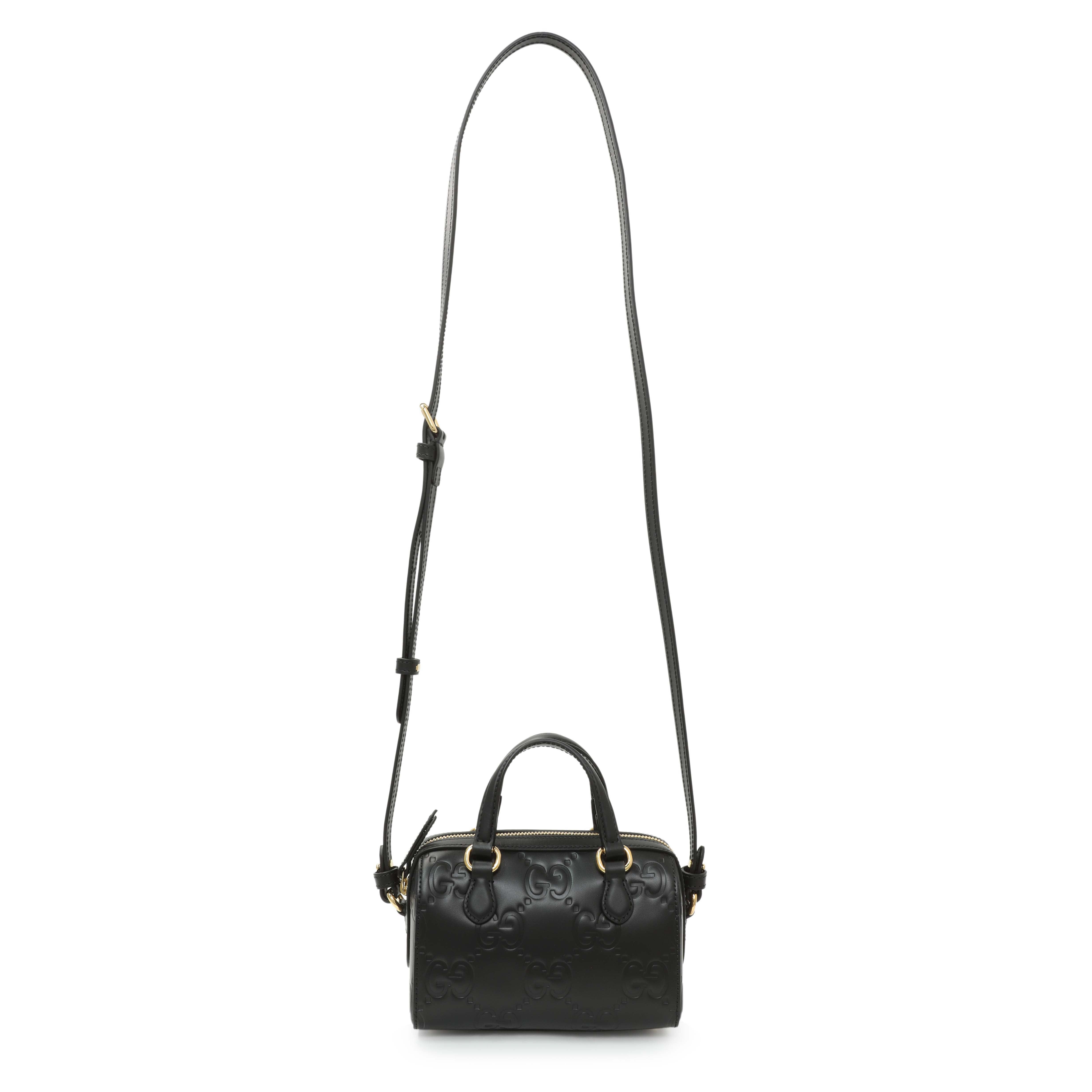 Gucci Black Calfskin Jumbo GG Embossed Super Mini Top Handle Bowler Bag