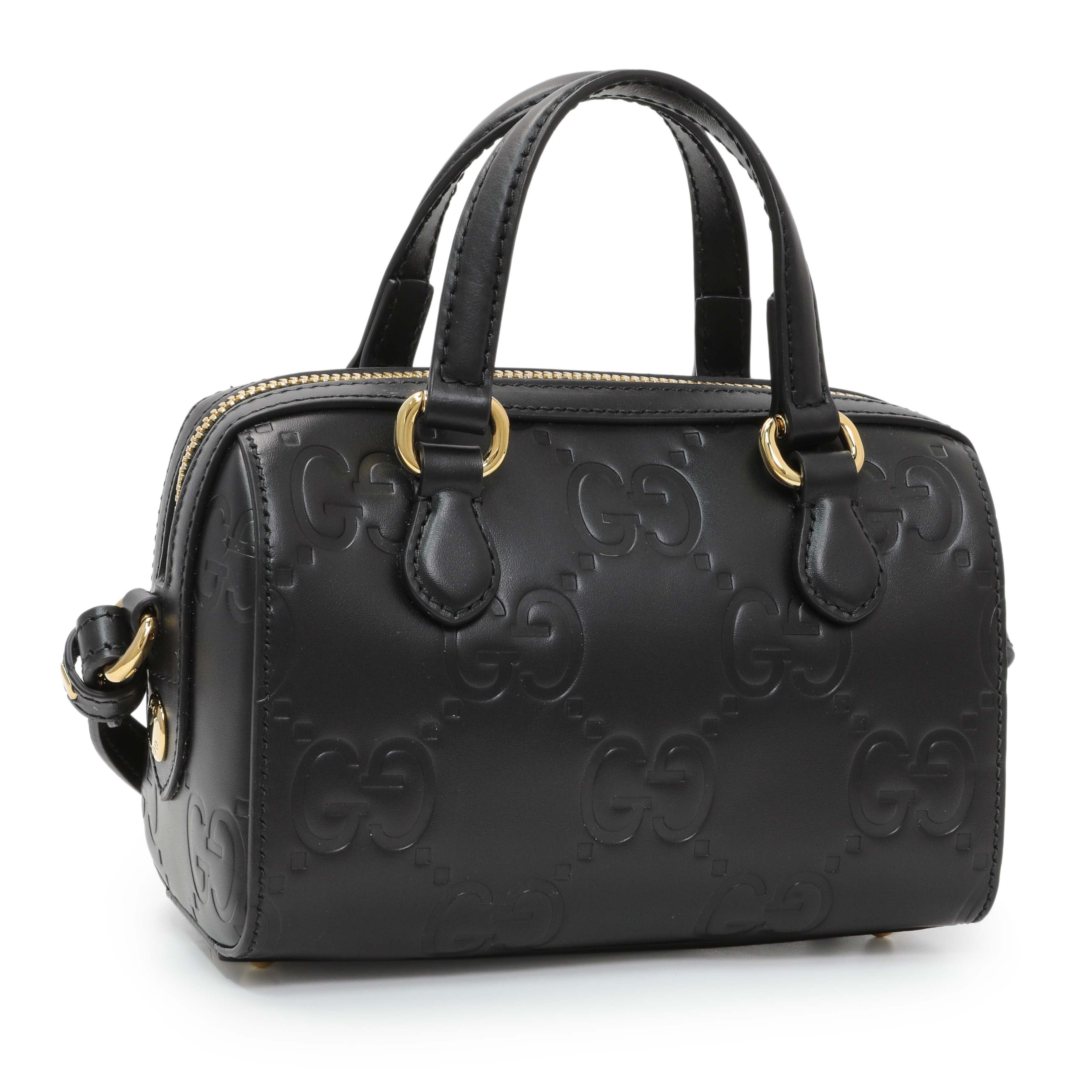 Gucci Black Calfskin Jumbo GG Embossed Super Mini Top Handle Bowler Bag