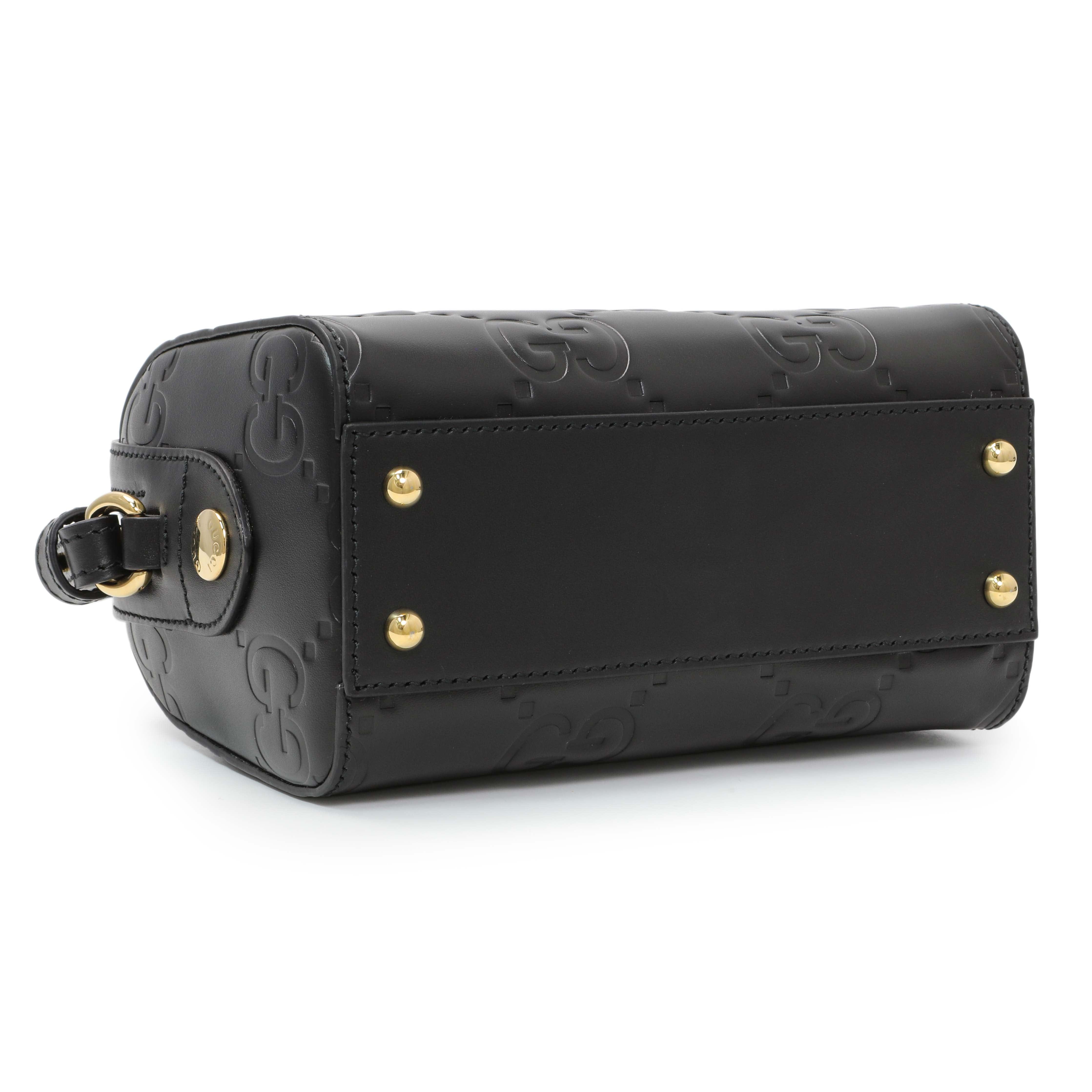 Gucci Black Calfskin Jumbo GG Embossed Super Mini Top Handle Bowler Bag
