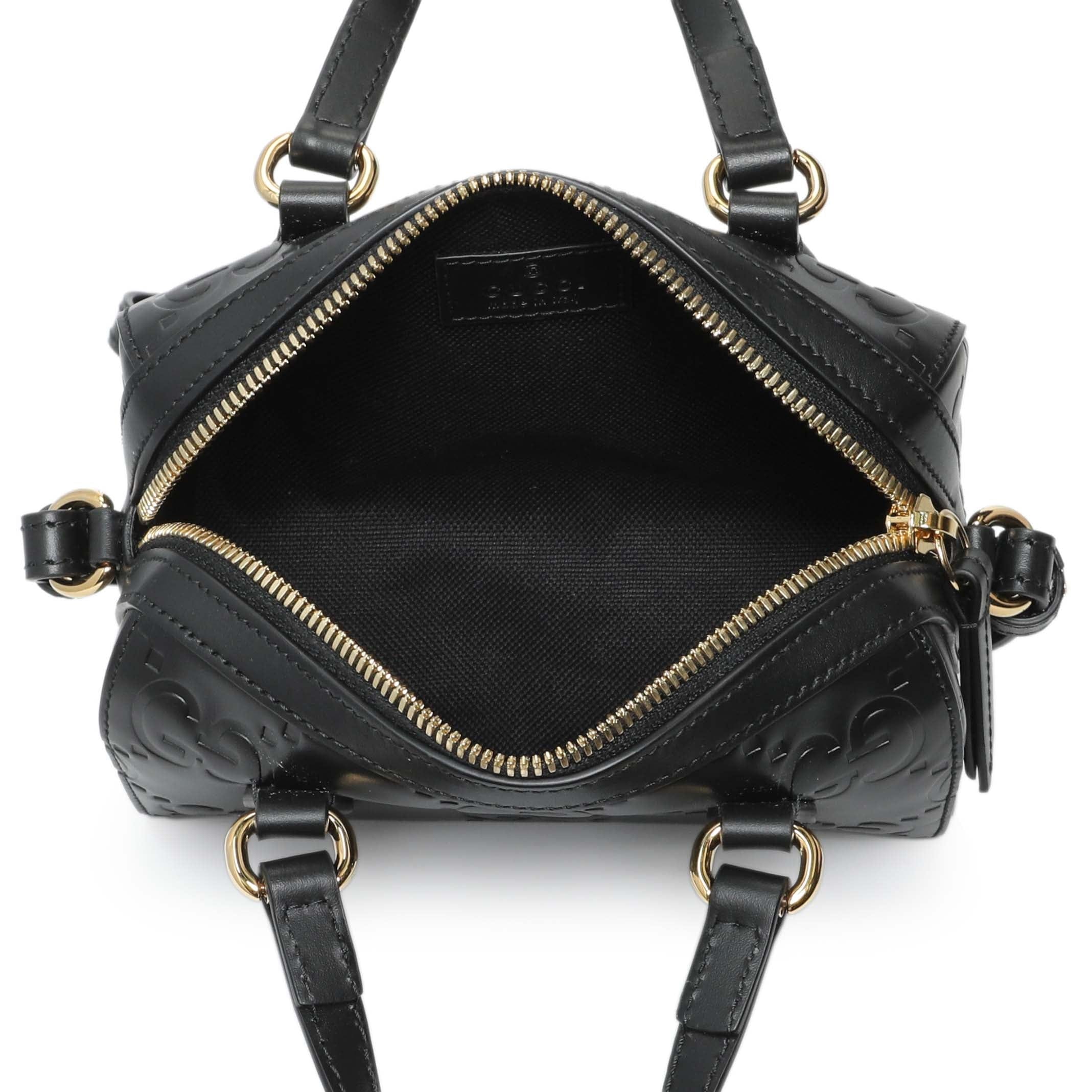 Gucci Black Calfskin Jumbo GG Embossed Super Mini Top Handle Bowler Bag