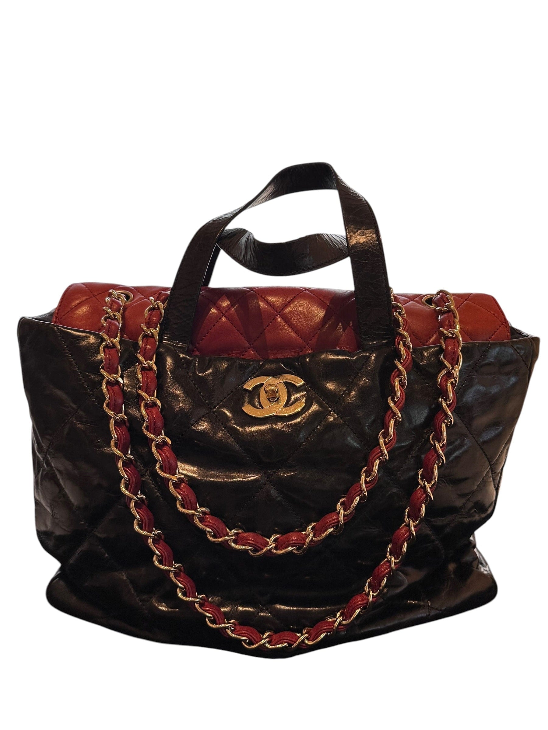 Chanel Black Lambskin Tote with Burgundy Flap