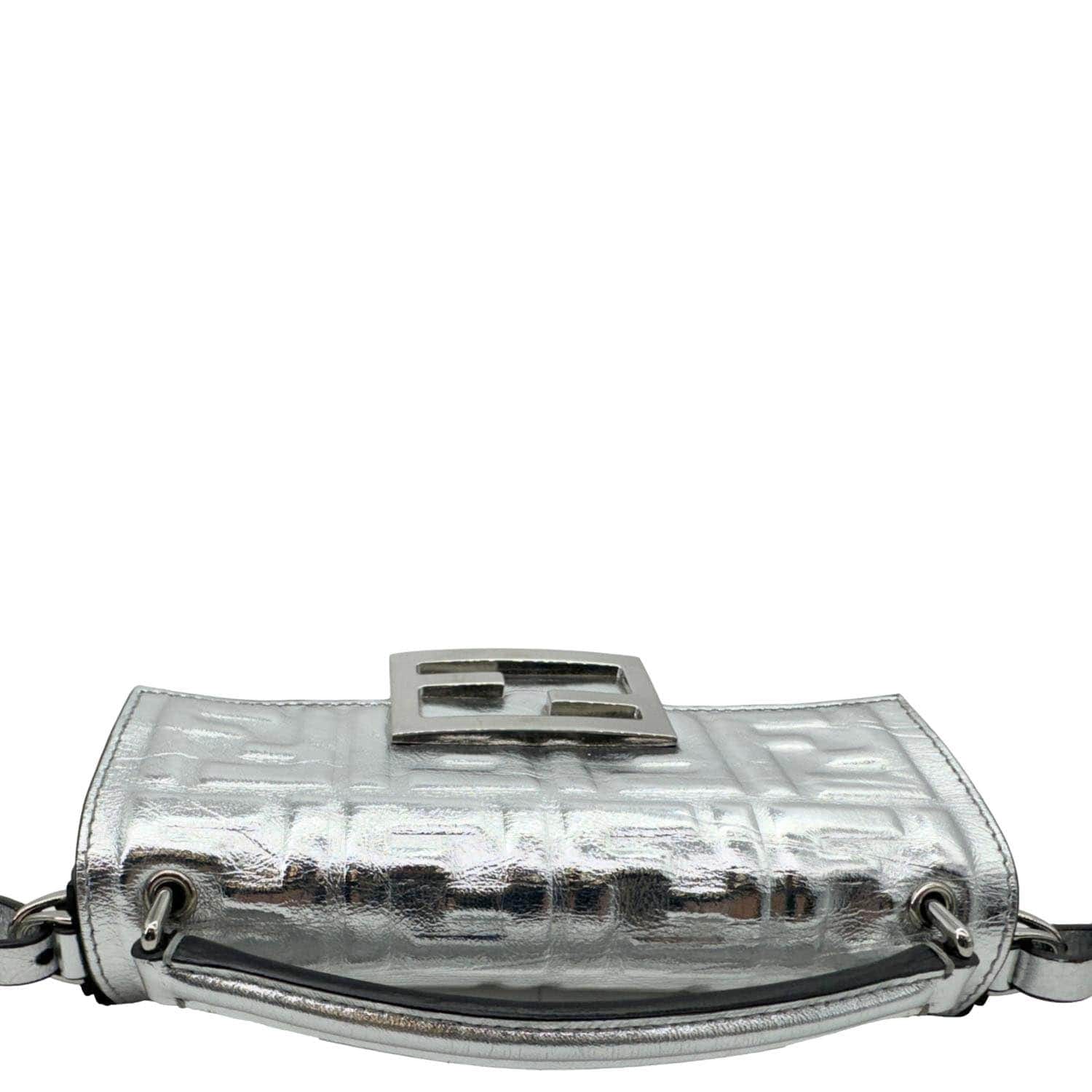 FENDI Baguette Zucca Embossed Leather Crossbody Bag Metallic Silver