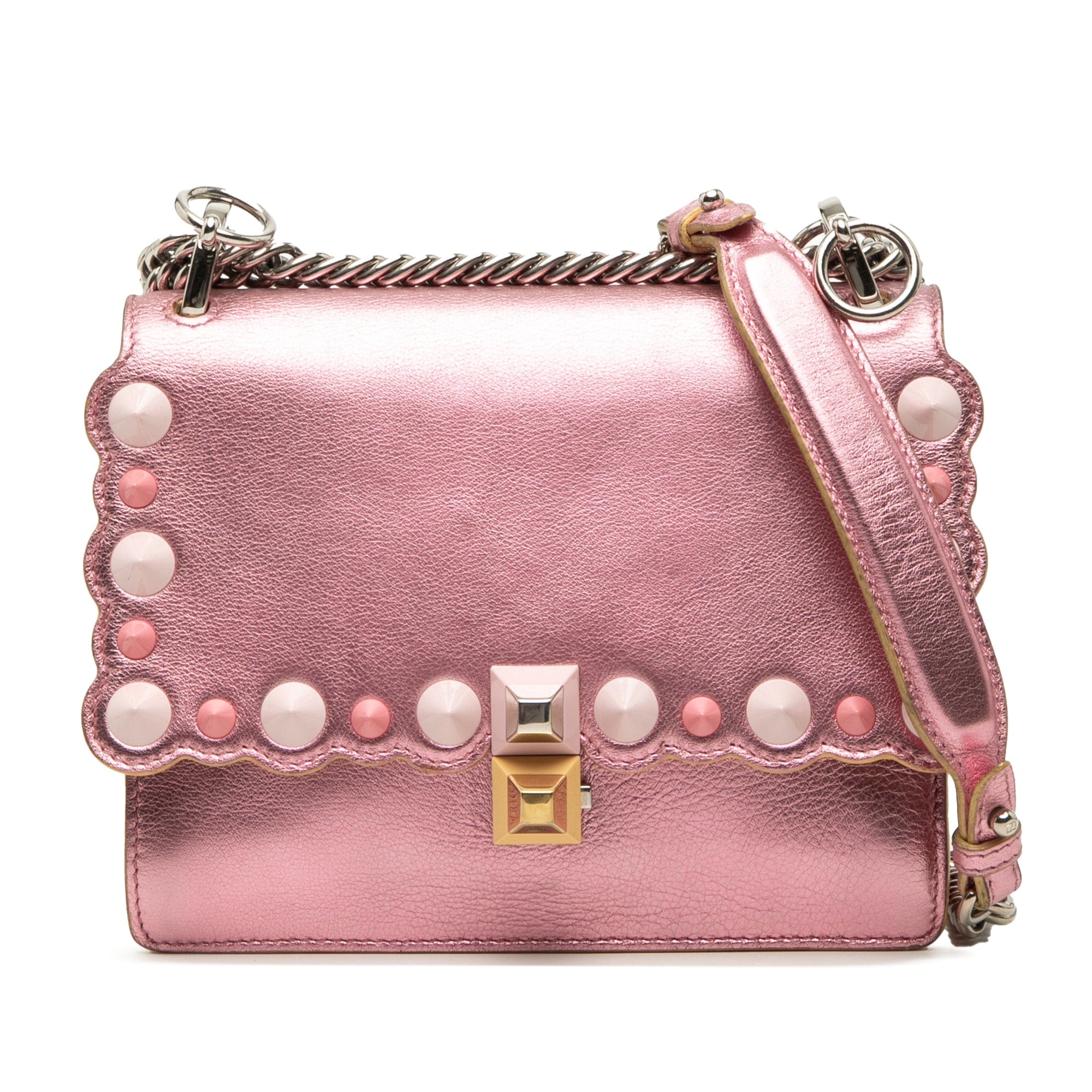 Fendi Small Metallic Scalloped Leather Studded Pearl Kan I Crossbody