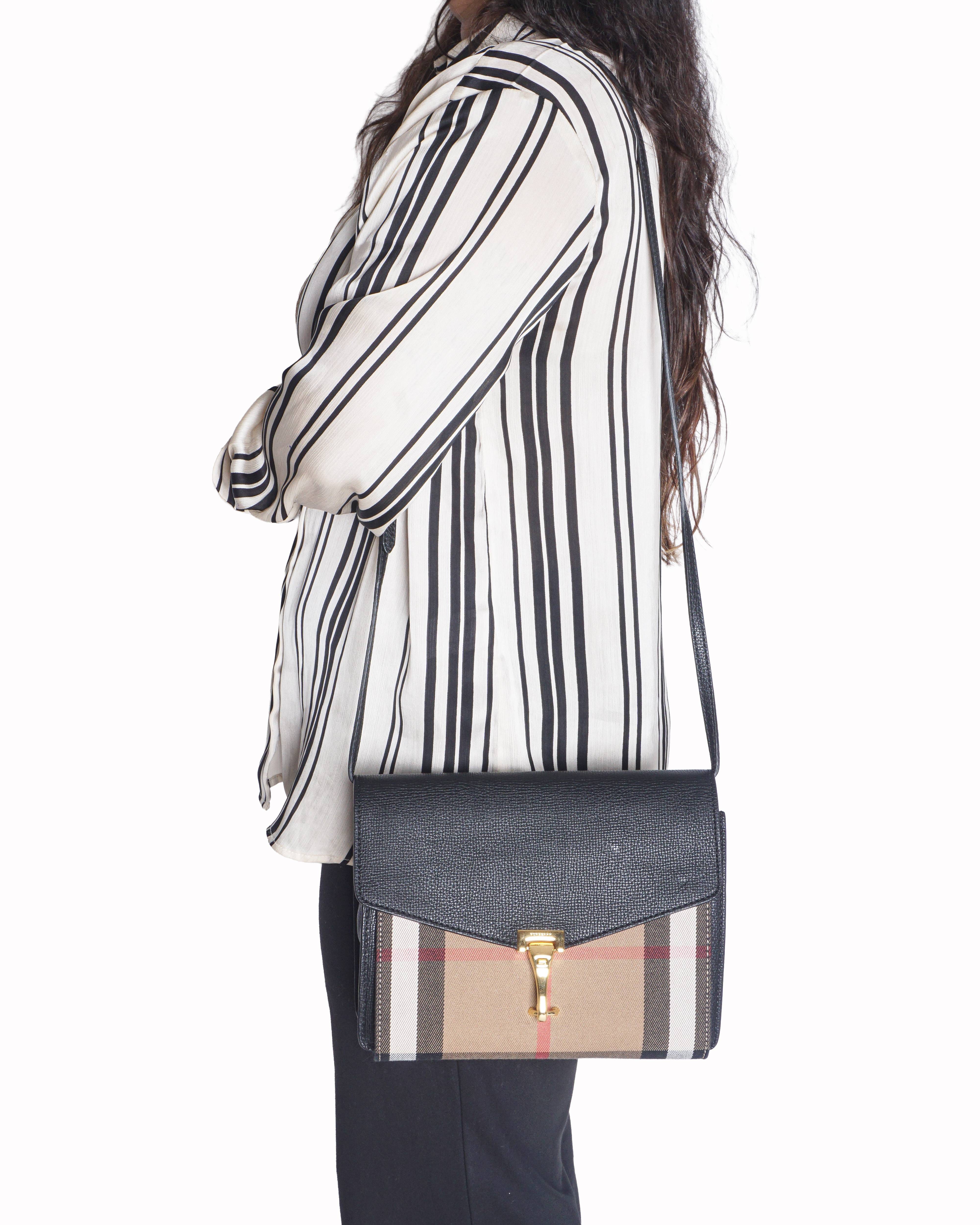 Burberry Macken Leather and House Check Canvas Small Shoulder Bag