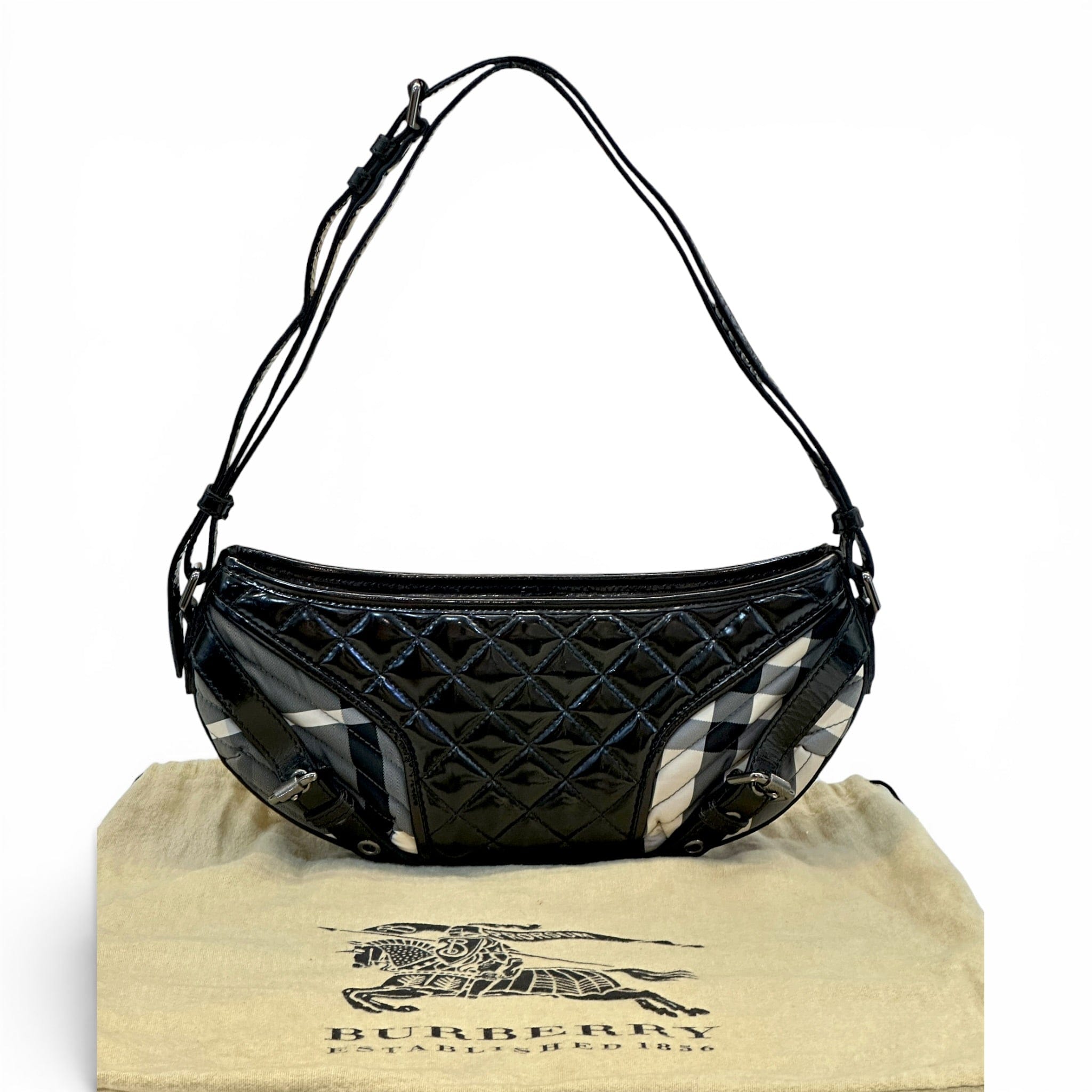 Burberry supernova check hobo bag black quilted patent leather