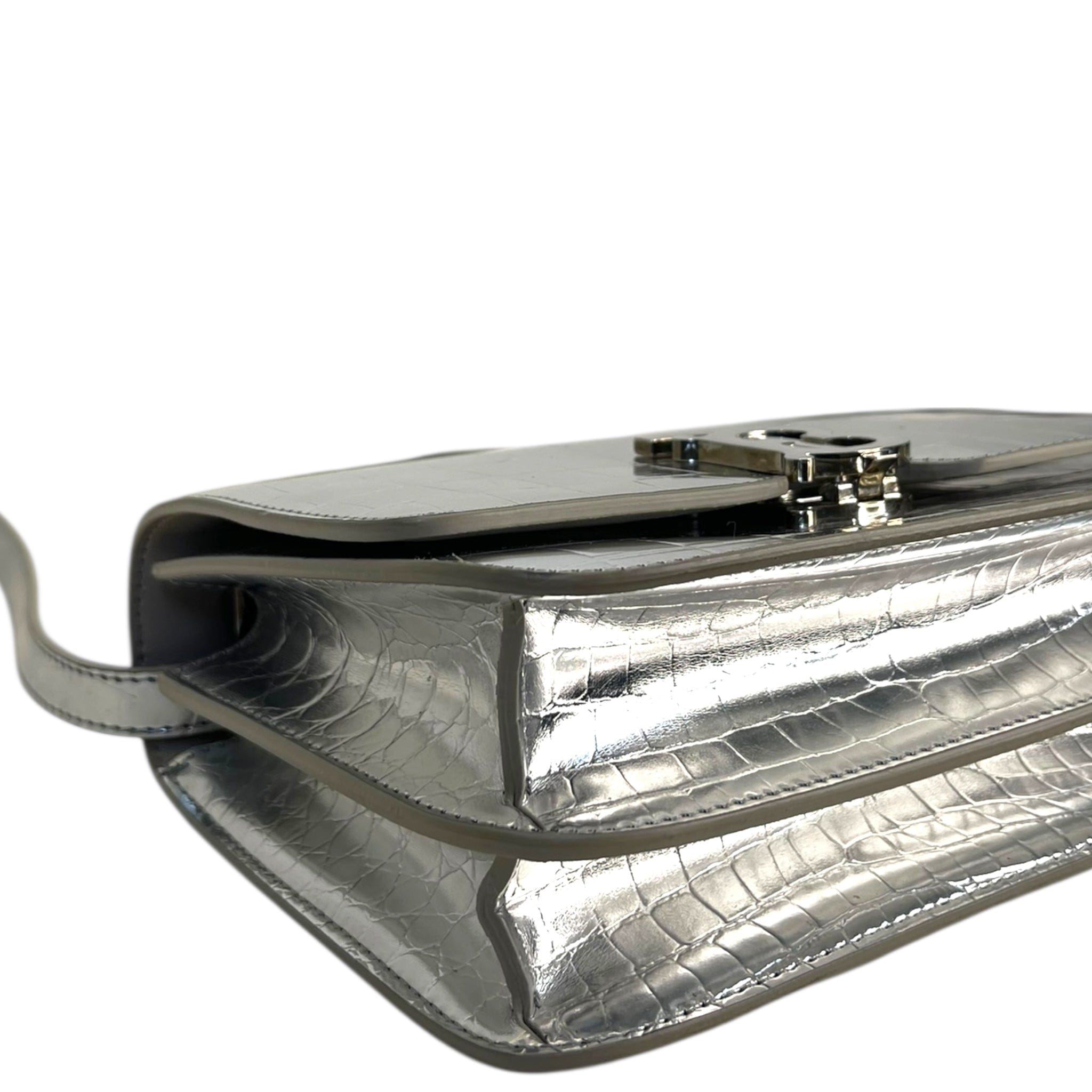 Burberry TB Small Silver Croc Embossed Shoulder Bag