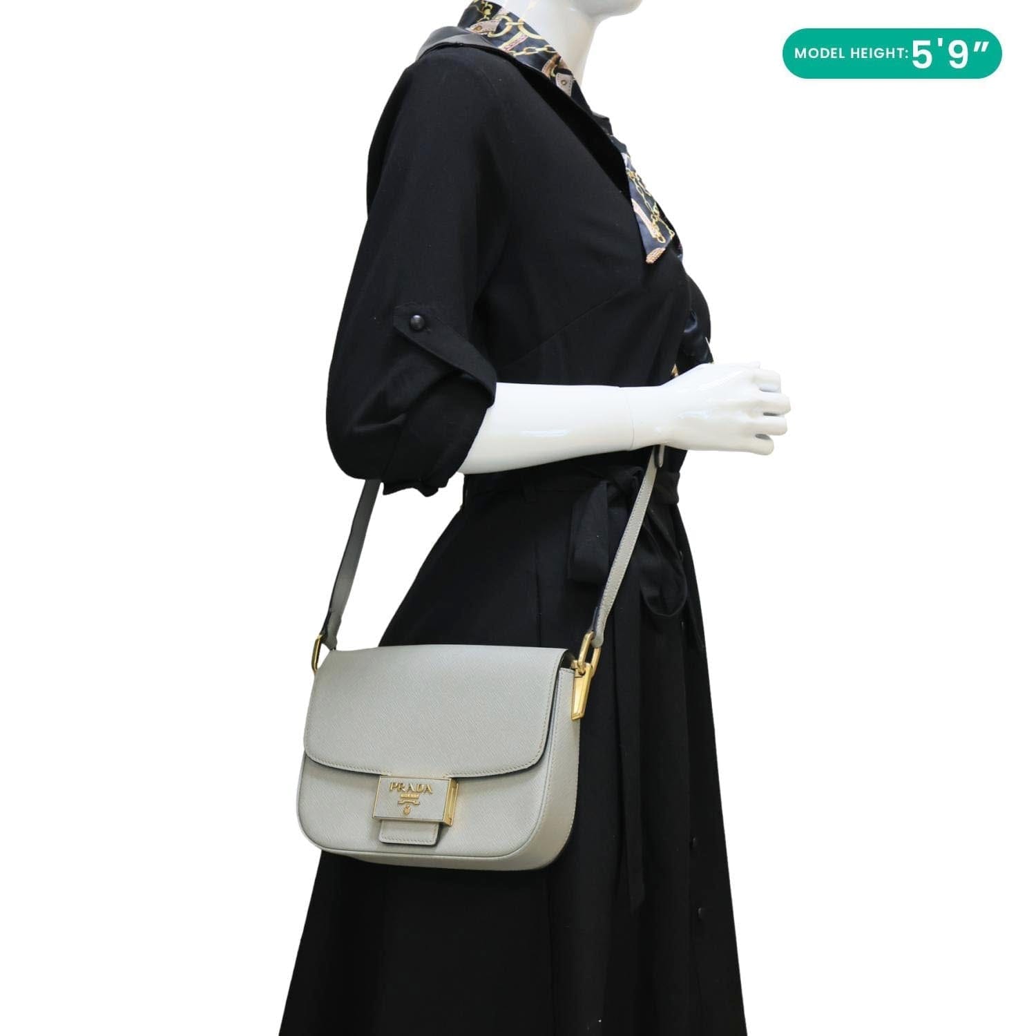PRADA Embleme Flap Saffiano Lux Leather Shoulder Bag Grey