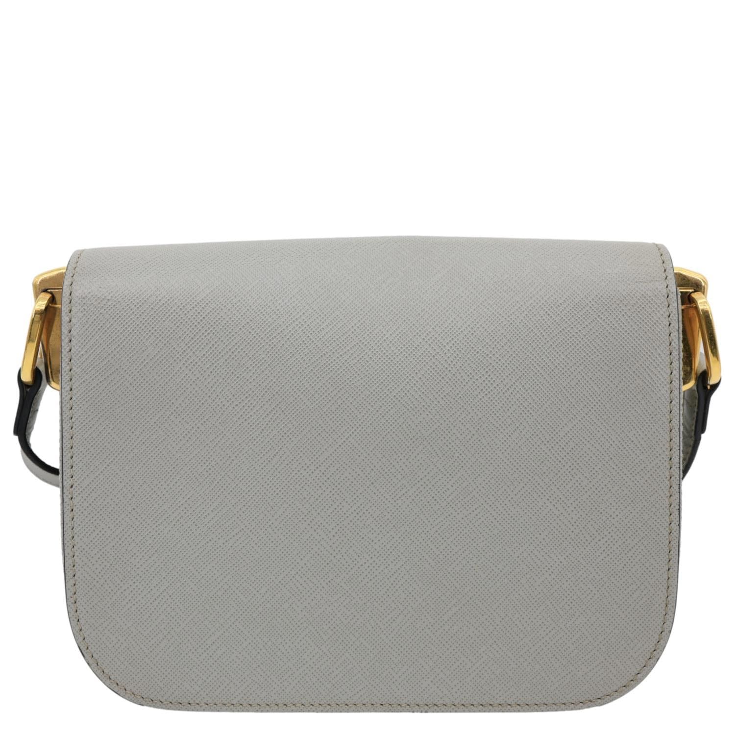 PRADA Embleme Flap Saffiano Lux Leather Shoulder Bag Grey