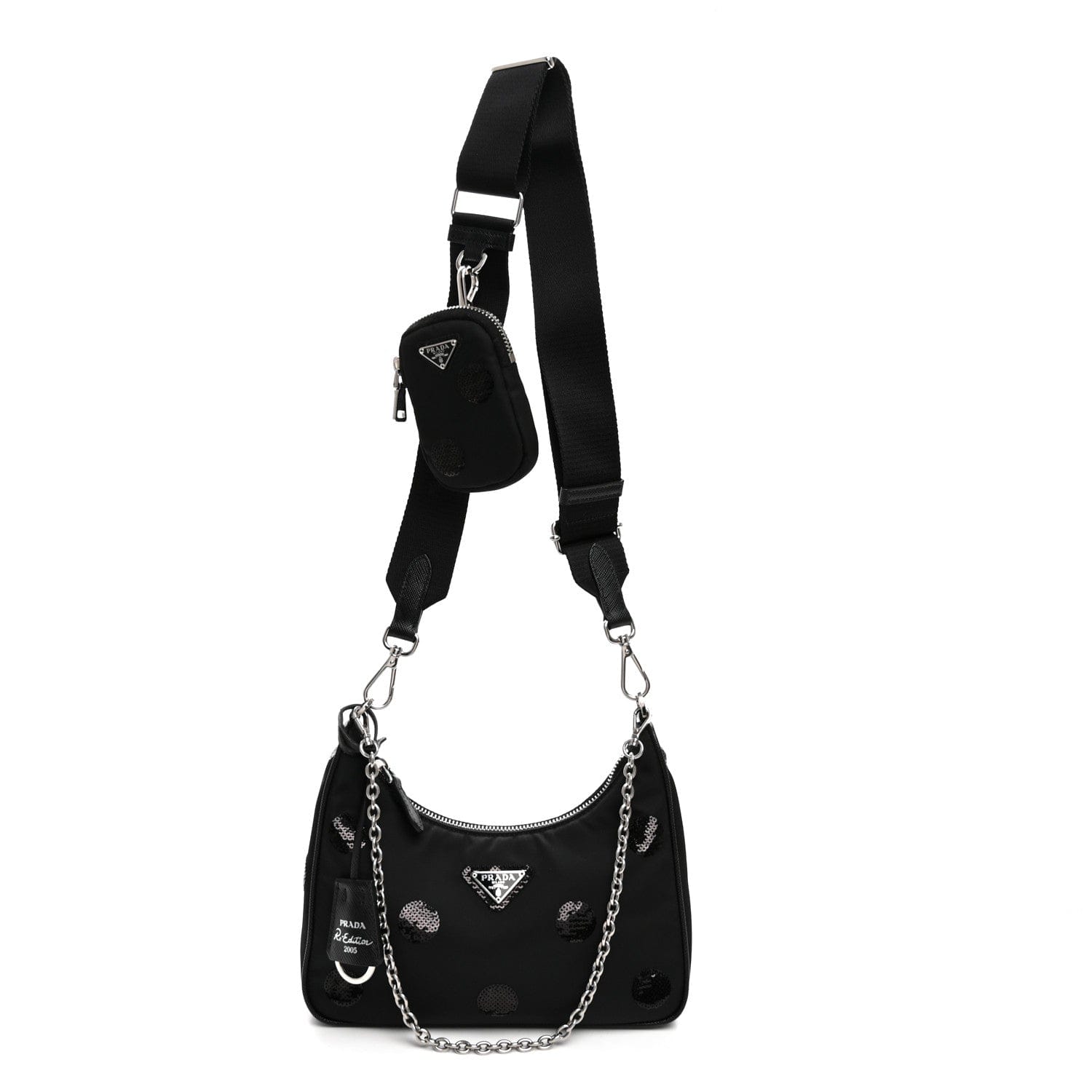 Prada Nylon Sequin Embellished Polka Dot Re - Edition 2005 Shoulder Bag Black