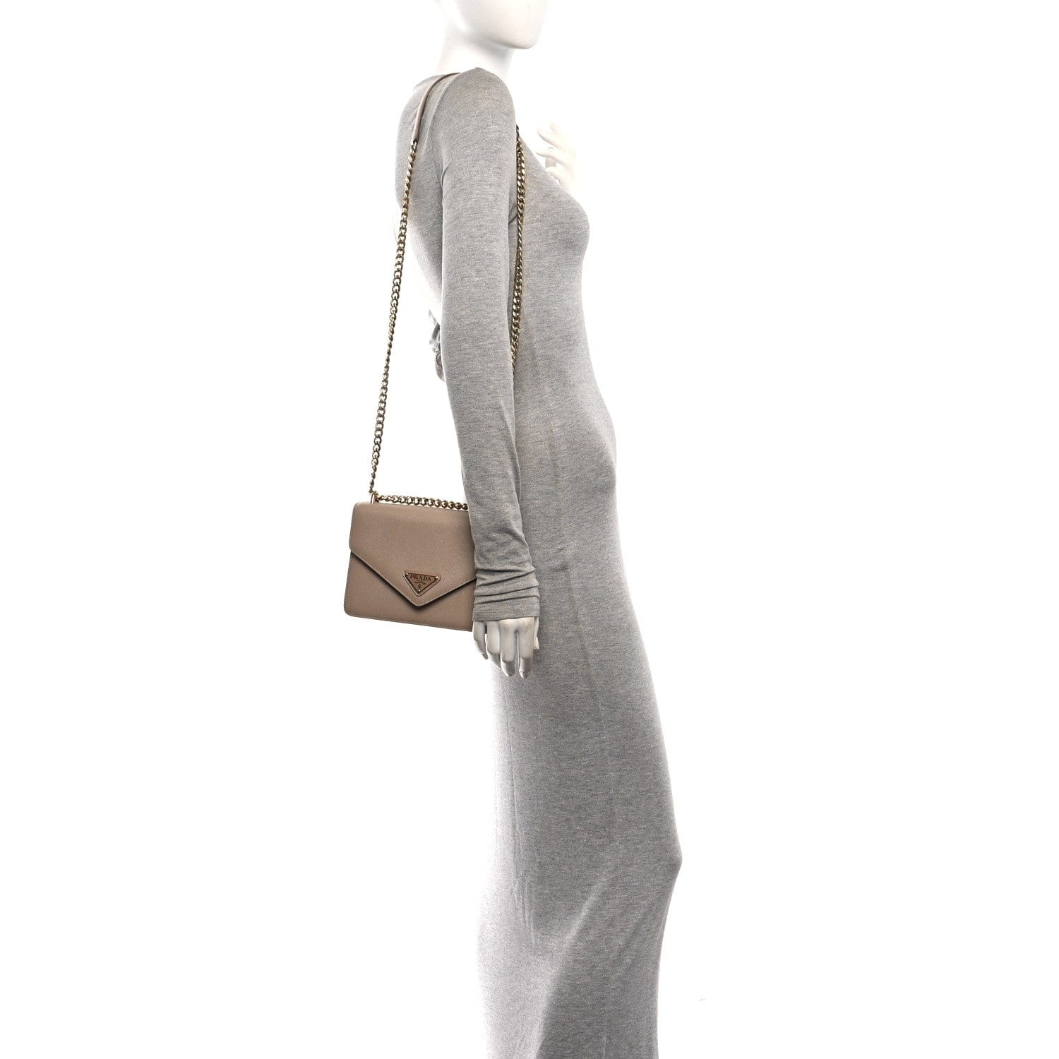 Prada Saffiano Soft Calfskin Metal Triangle Logo Envelope Chain Shoulder Bag Cammeo