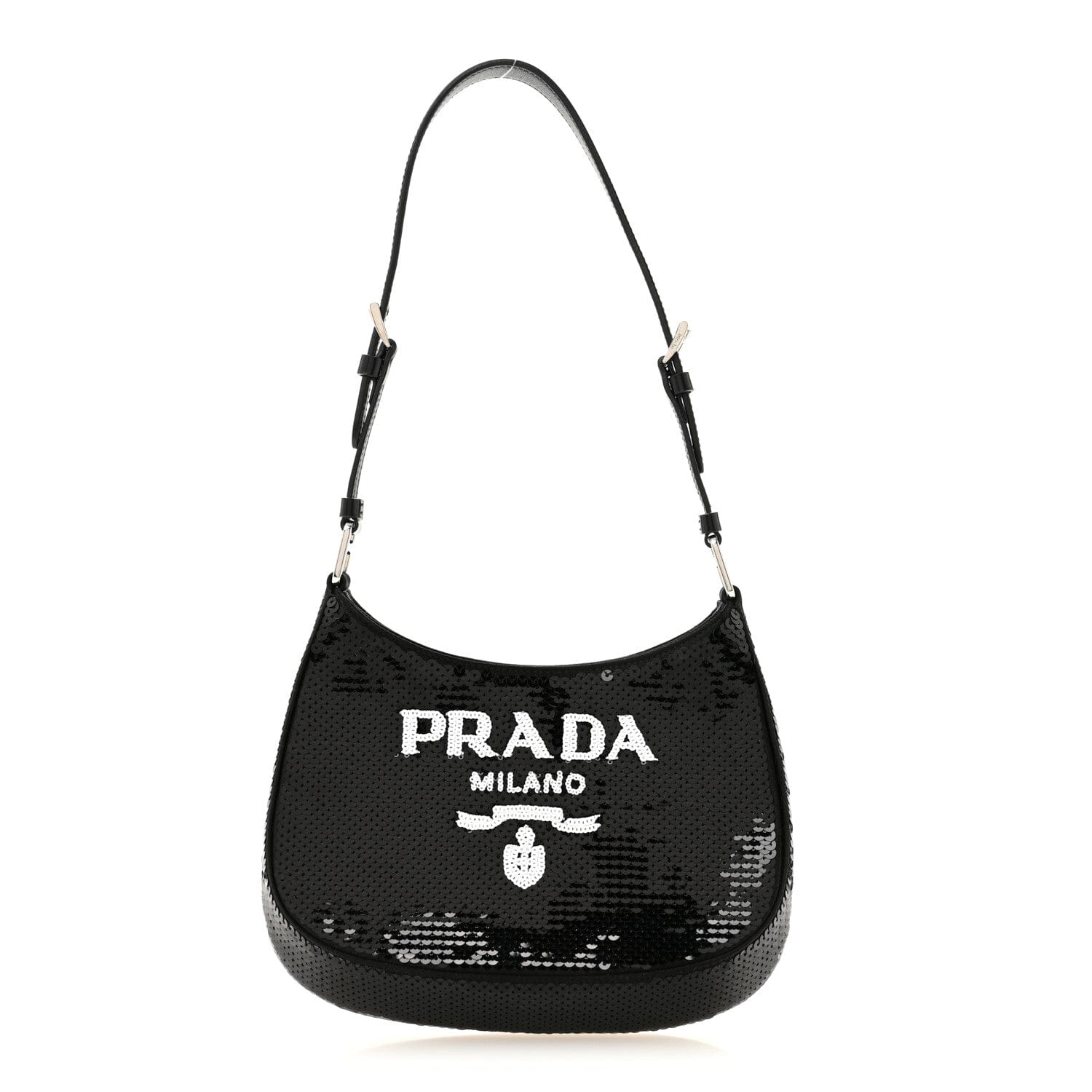 Prada Paillettes Sequin Logo Cleo Adjustable Strap Shoulder Bag Black White