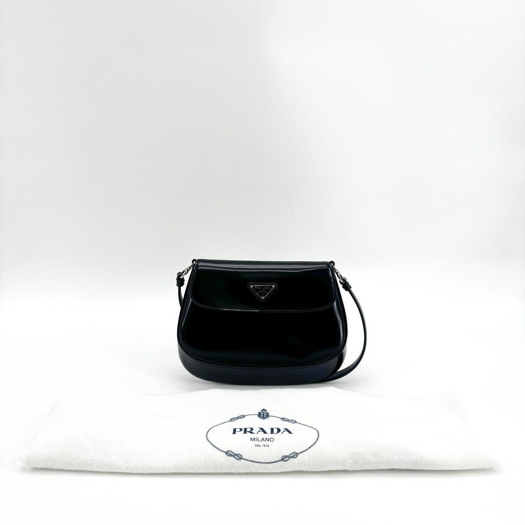 Prada Cleo Brushed Leather Flap Shoulder Bag Black