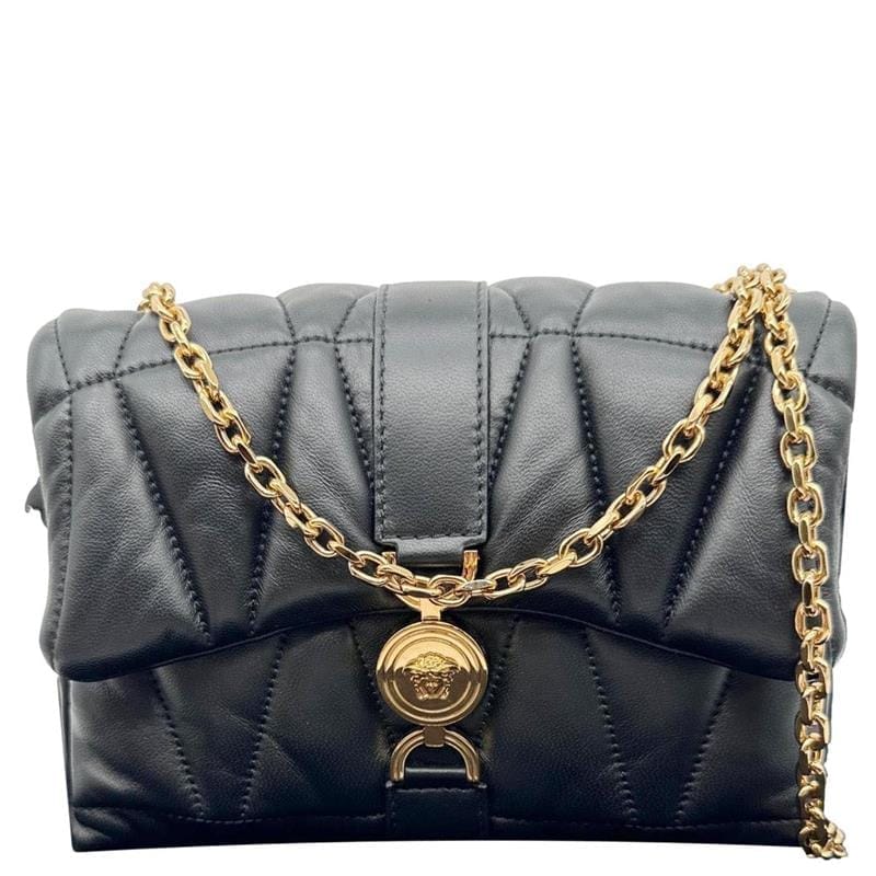 VERSACE Kleio Quilted Nappa Leather Shoulder Bag Black