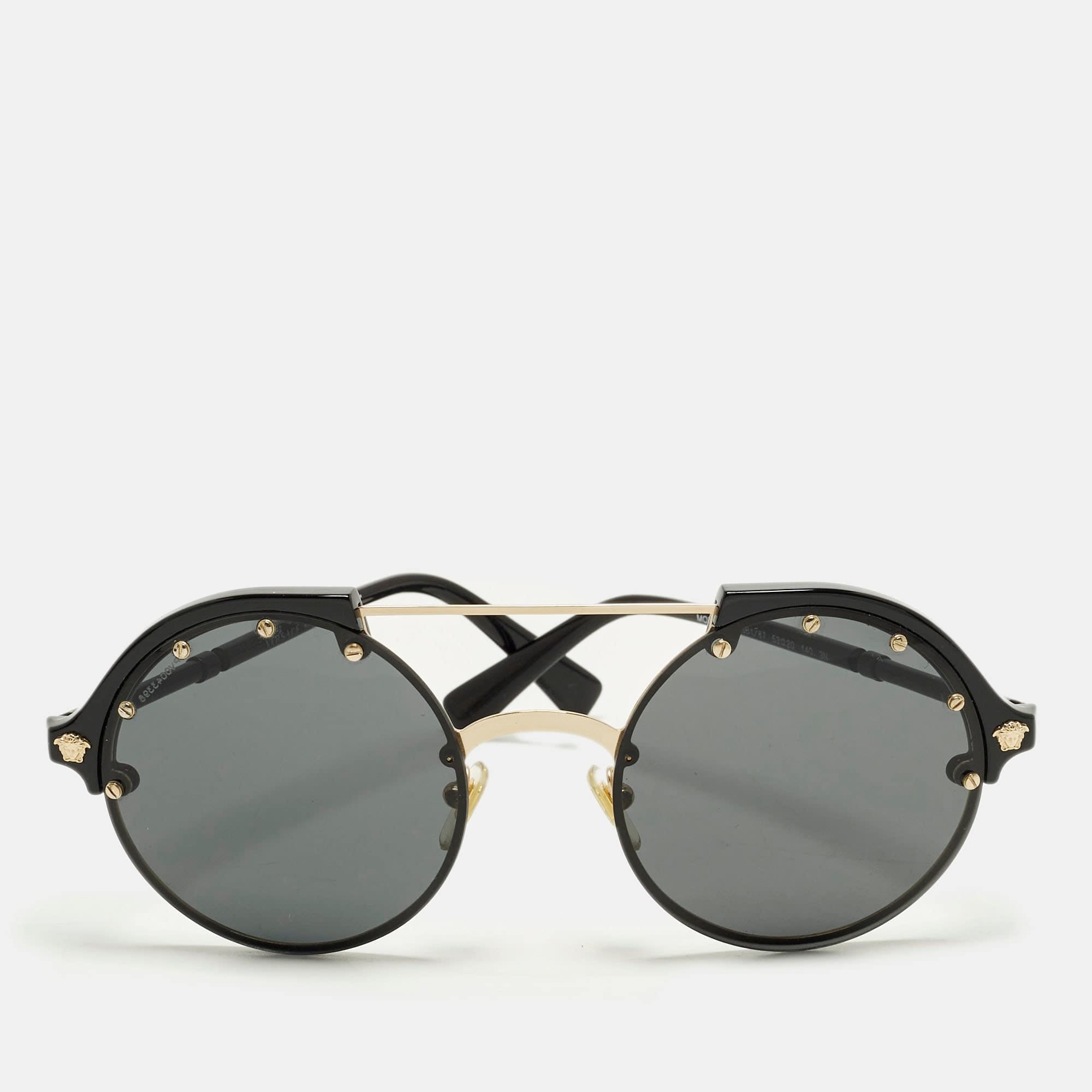 Versace Black/gold Tone Mod 4337 Medusa Studded Round Sunglasses