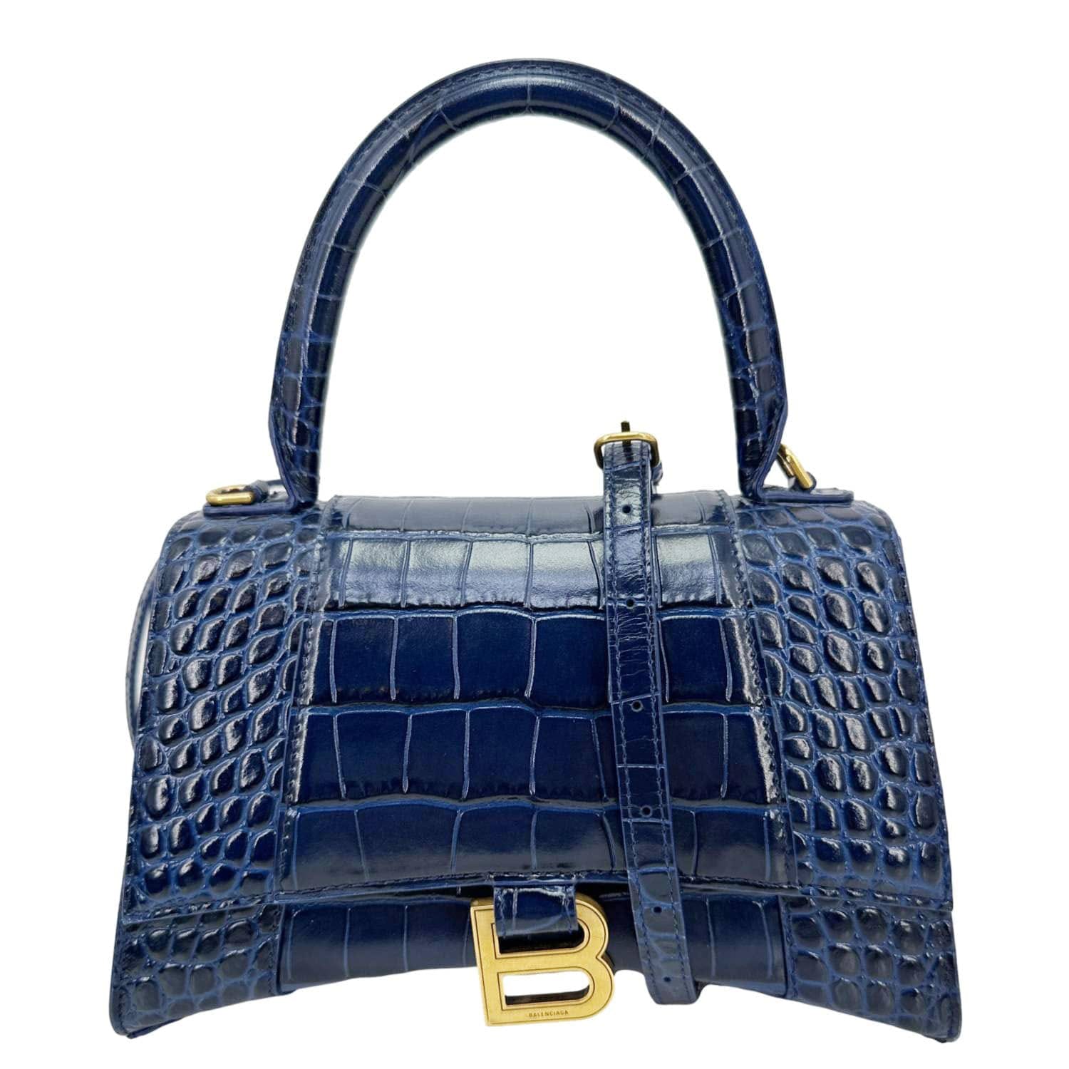 BALENCIAGA Hourglass Small Crocodile Embossed Top Handle Shoulder Bag Blue