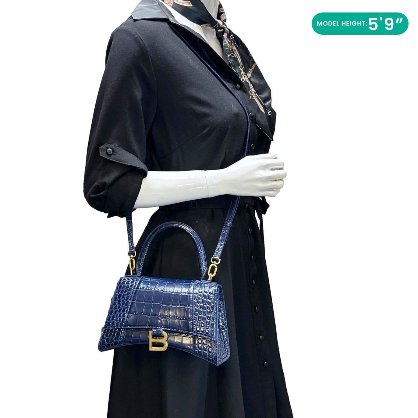 BALENCIAGA Hourglass Small Crocodile Embossed Top Handle Shoulder Bag Blue
